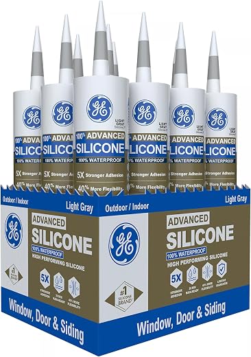 GE Advanced Silicone Window & Door Sealant, Light Gray, 10.1 fl oz Cartridge, Pack of 12