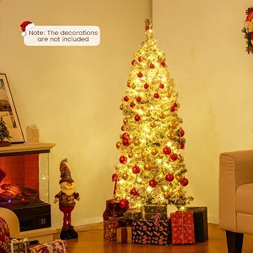 COSTWAY 5ft/6ft Pre-lit Snow Flocked Christmas Tree, Hinged Artificial Slim Pencil Xmas Tree with Lights, Foldable Metal Stand, Holiday Decoration for Home Office Shop (150 cm)