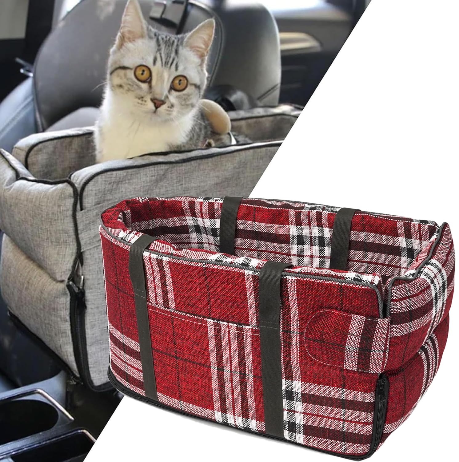 Gentle Paws Car Cat Carrier, Pet Dog Booster Seat, Armrest Booster Seat for Small Dogs, Detachable Washable Cloth Checkered Red