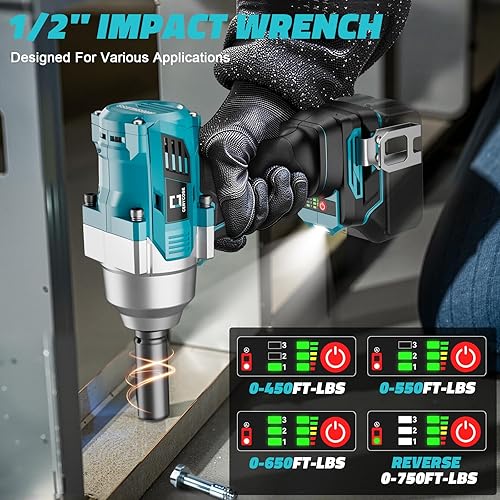 Miniatura 10 de Llave de impacto inalámbrica de 12 pulgada compatible con batería Dewalt, pistola de impacto eléctrica sin escobillas de 1000 pies-libras (1360