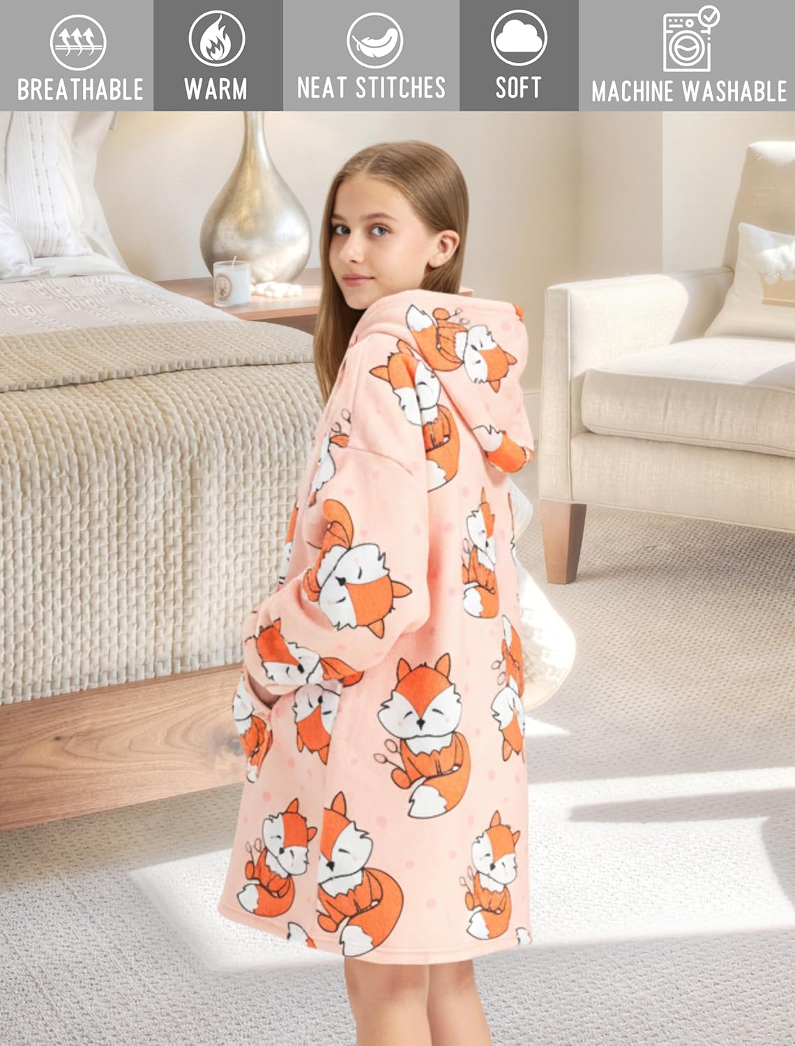Fox-Patterned Gifts for Girls, Kids, Wearable Blanket Hoodie, Oversized Hooded Blankets, Plush, Cozy, Warm, Soft - Image 2