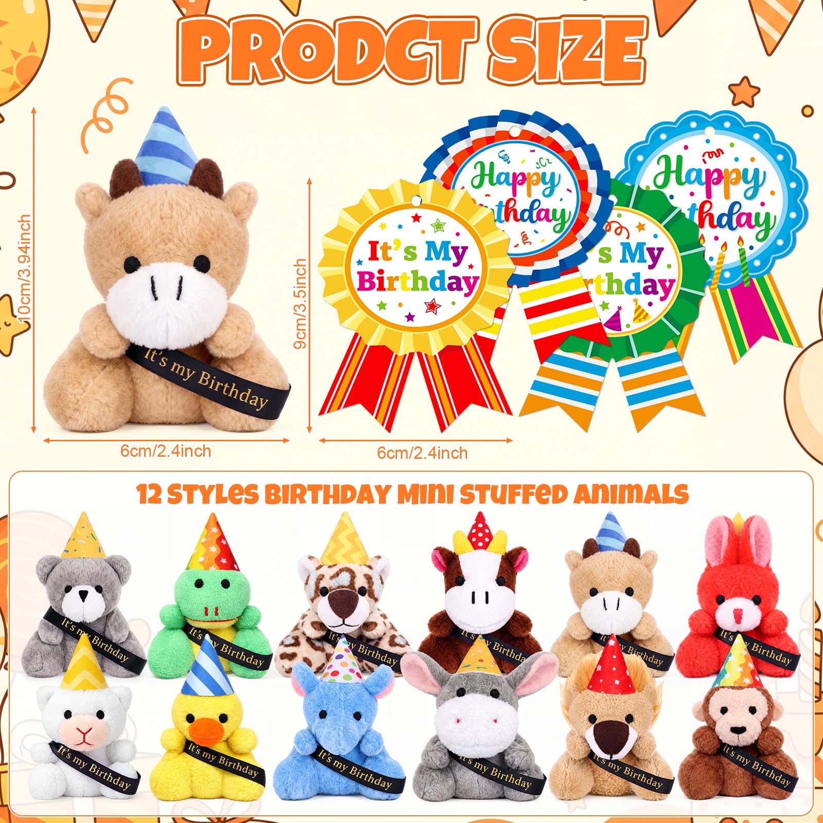 Hollowfly Lot de 24 mini jouets en peluche d'anniversaire en vrac avec