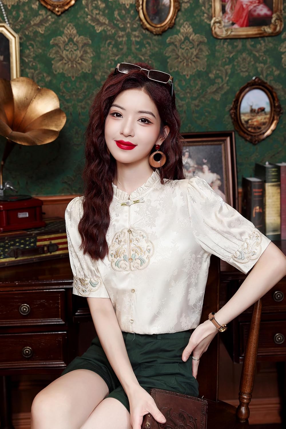 LAI MENG FIVE CATS Women's New Chinese Style Silk Satin Elegant Tops Embroidery Jacquard Vintage Blouse