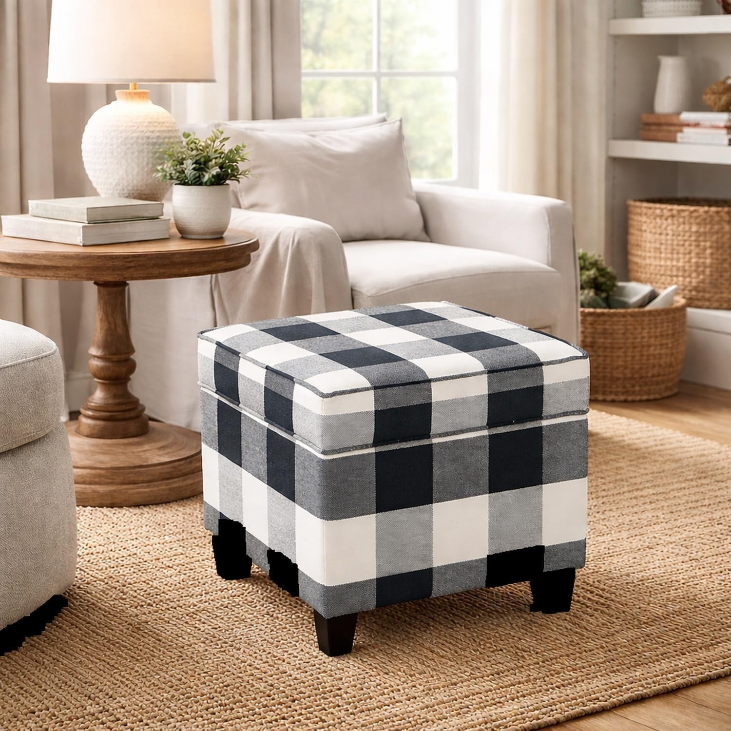 HomePop Home Decor | K7342-F2262| Classic Square Storage Ottoman with Lift Off Lid | Ottoman with Storage for Living Room & Bedroom, Black Plaid Large