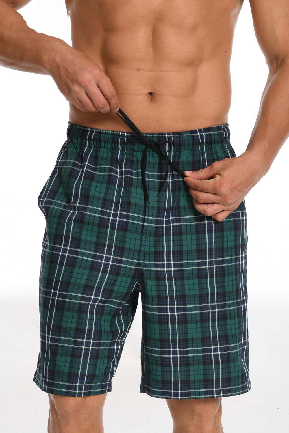 Men's Summer Cotton Woven Pajama Shorts 3-Pack Lightweight Sleepwear Lounge Pockets Elastic Waistband for Home