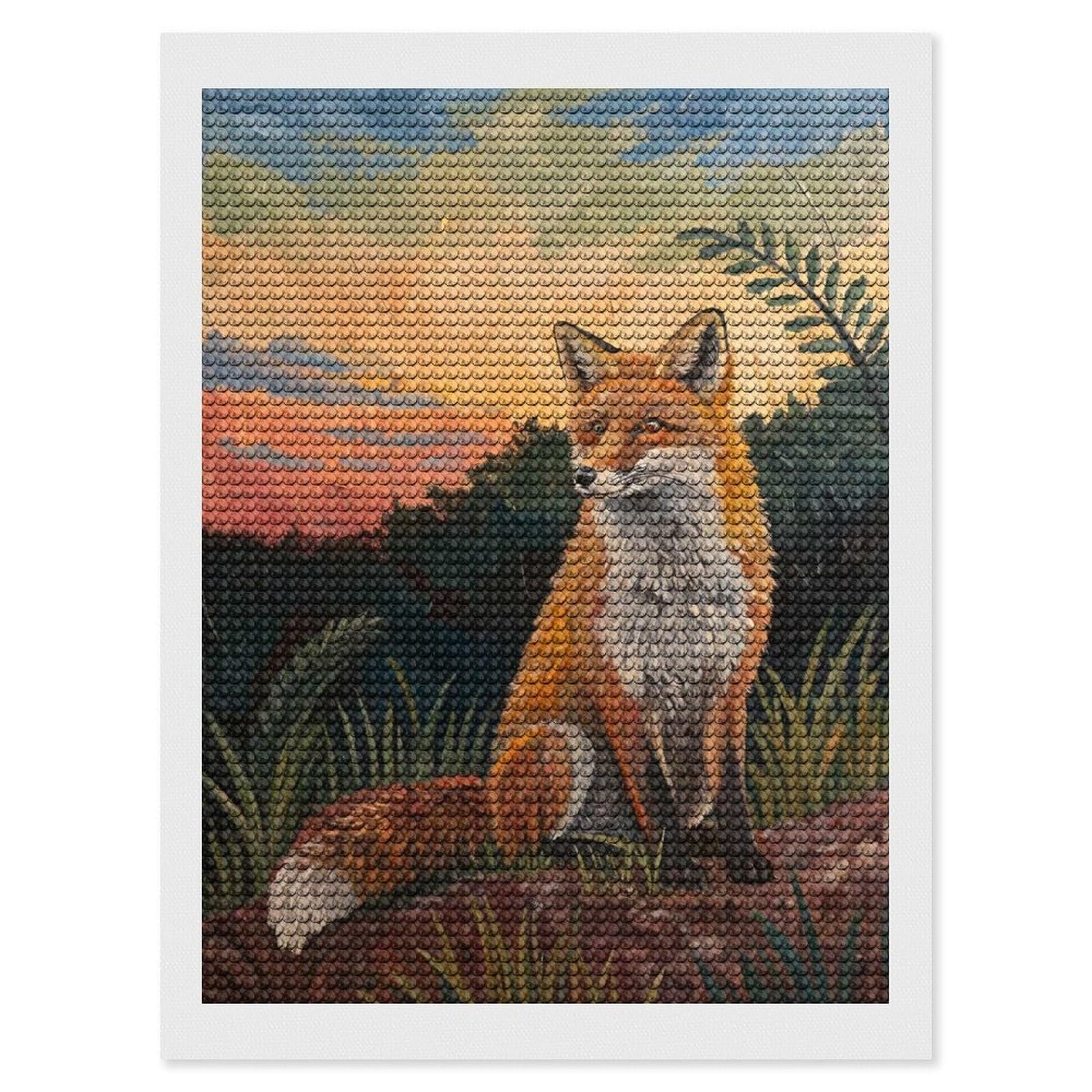Junmoney Fox Sitting in Nature at Sunset Round Drill Diamond Painting 12"x16", Satisfying Creative Project, Complete Accessories, Printed Canvas