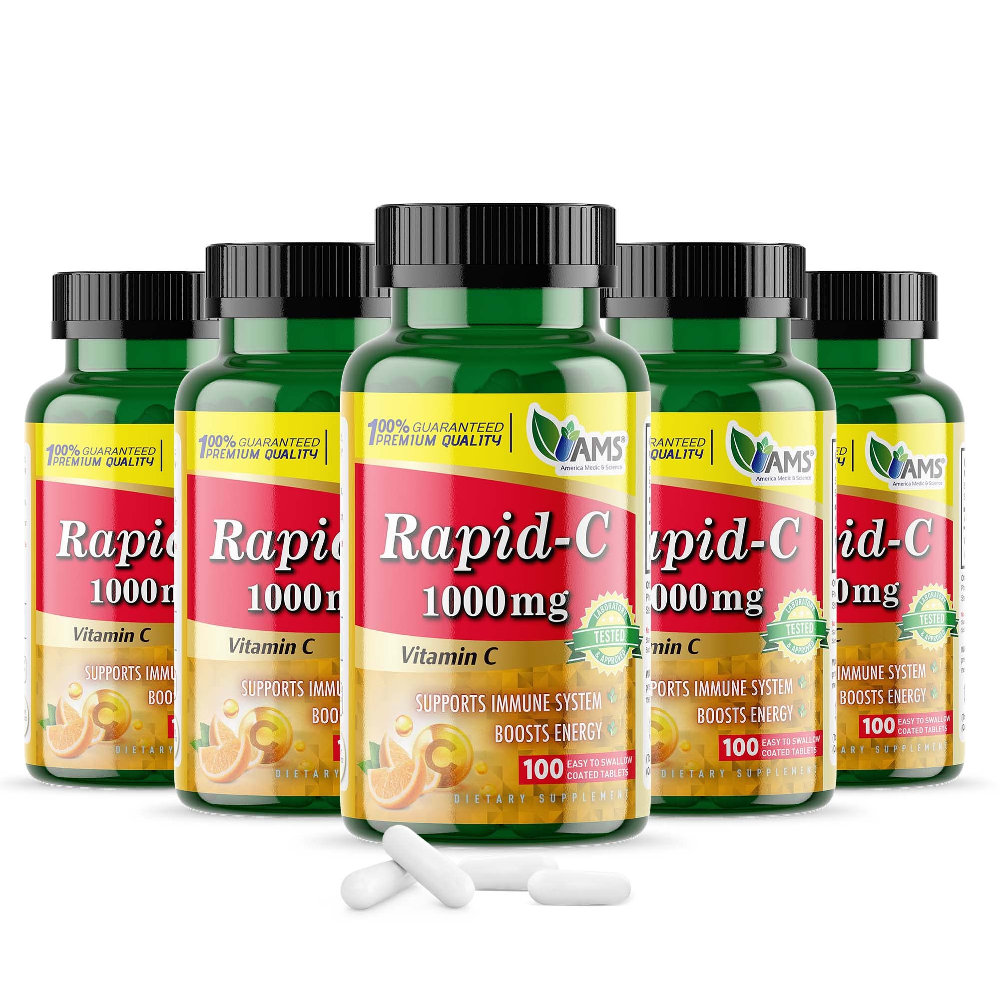America Medic & Science Rapid-C 1000mg Vitamin C Supplement (5 Pack of 100 Tablets) Energy Booster, Daily Immune System Support, Antioxidant | Vegan, Non-GMO Coated Ascorbic Acid for Adult Men & Women 100 Count (Pack of 5) 1000mg