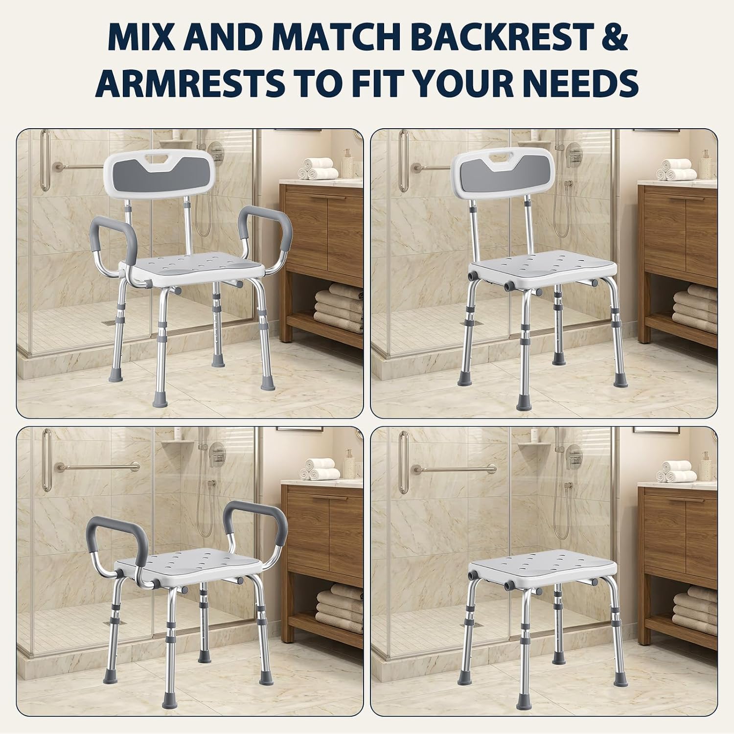 UNILEAF Shower Chair for Shower Stall with Arms and Back, Height Adjustable 16"-20", 450 lb Capacity, Non-Slip Feet, Tool-Free Push-Button Assembly