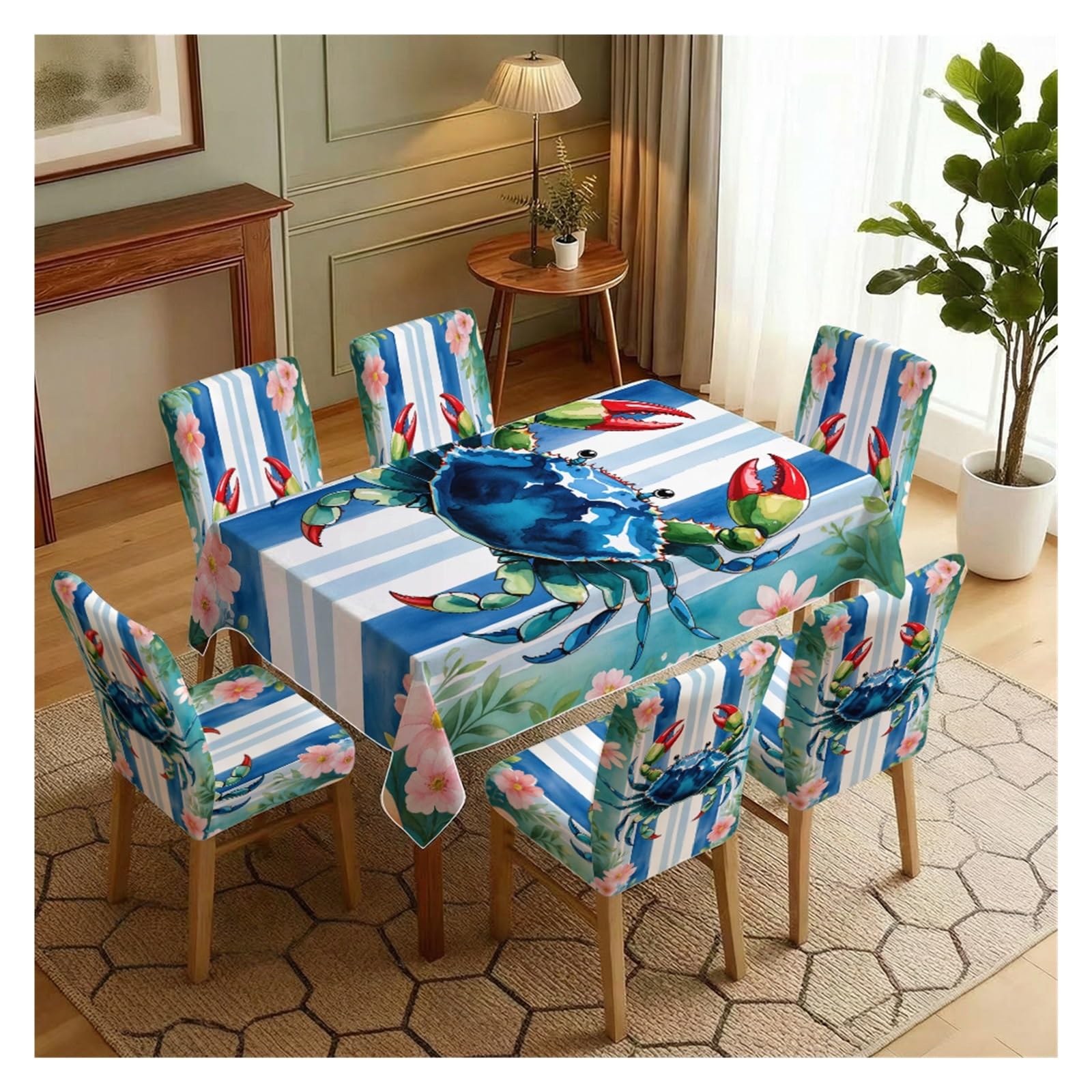 BOSUYBN Coastal Crab Floral Striped Dining Chair Covers & Tablecloth Set, 5/7 Piece Nautical Summer Slipcovers For Beach Home Decor Table Setting(7pcs Set: Tablecloth+Chair Covers)