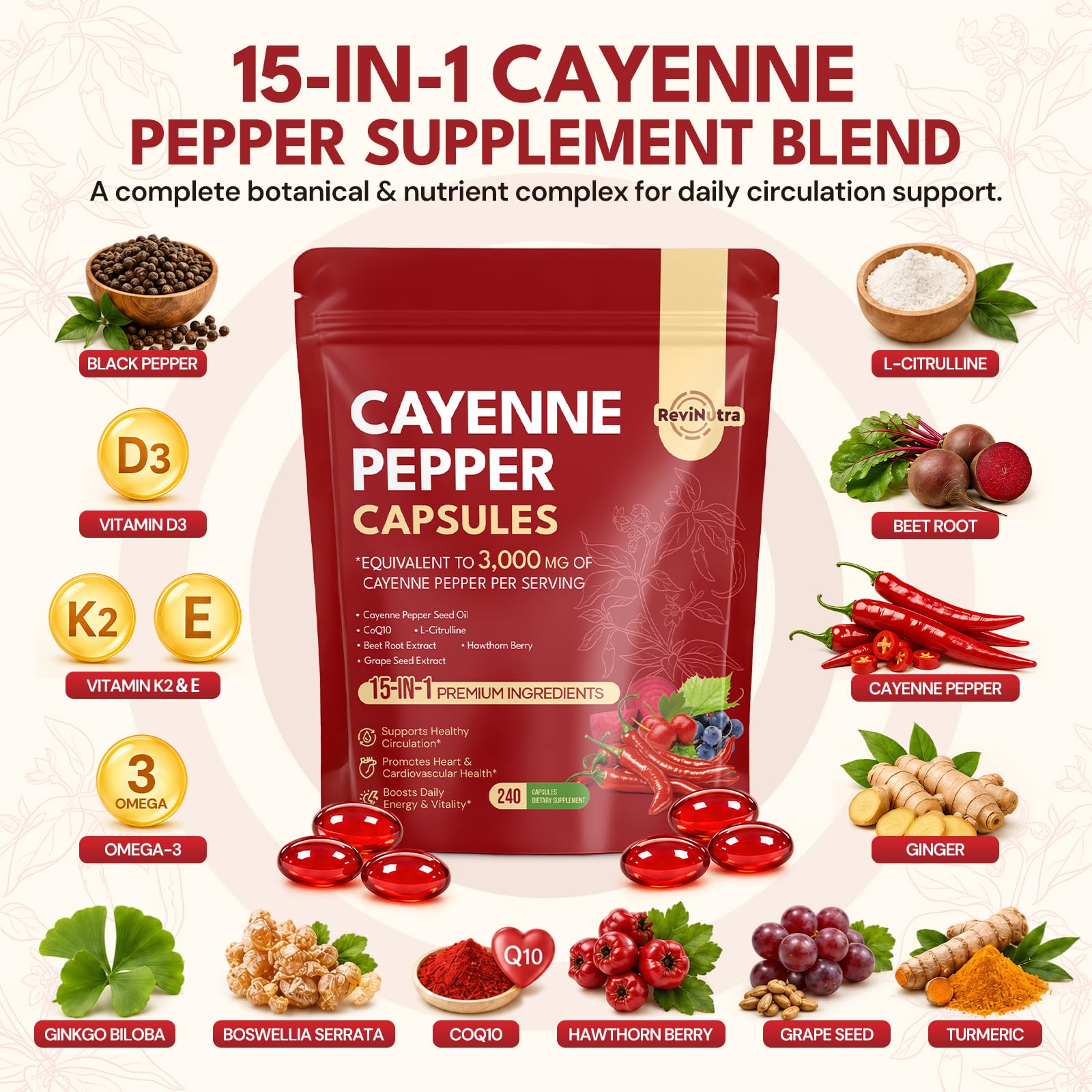 Cayenne Pepper Capsules, 15-in-1 Cayenne Pepper Capsules with Vitamin D3 + K2, L-Citrulline, Beet Root, CoQ10, Capsaicin supplements for Healthy Circulation, Energy, Heart Vessel Support, 240ct — Amazon image 2