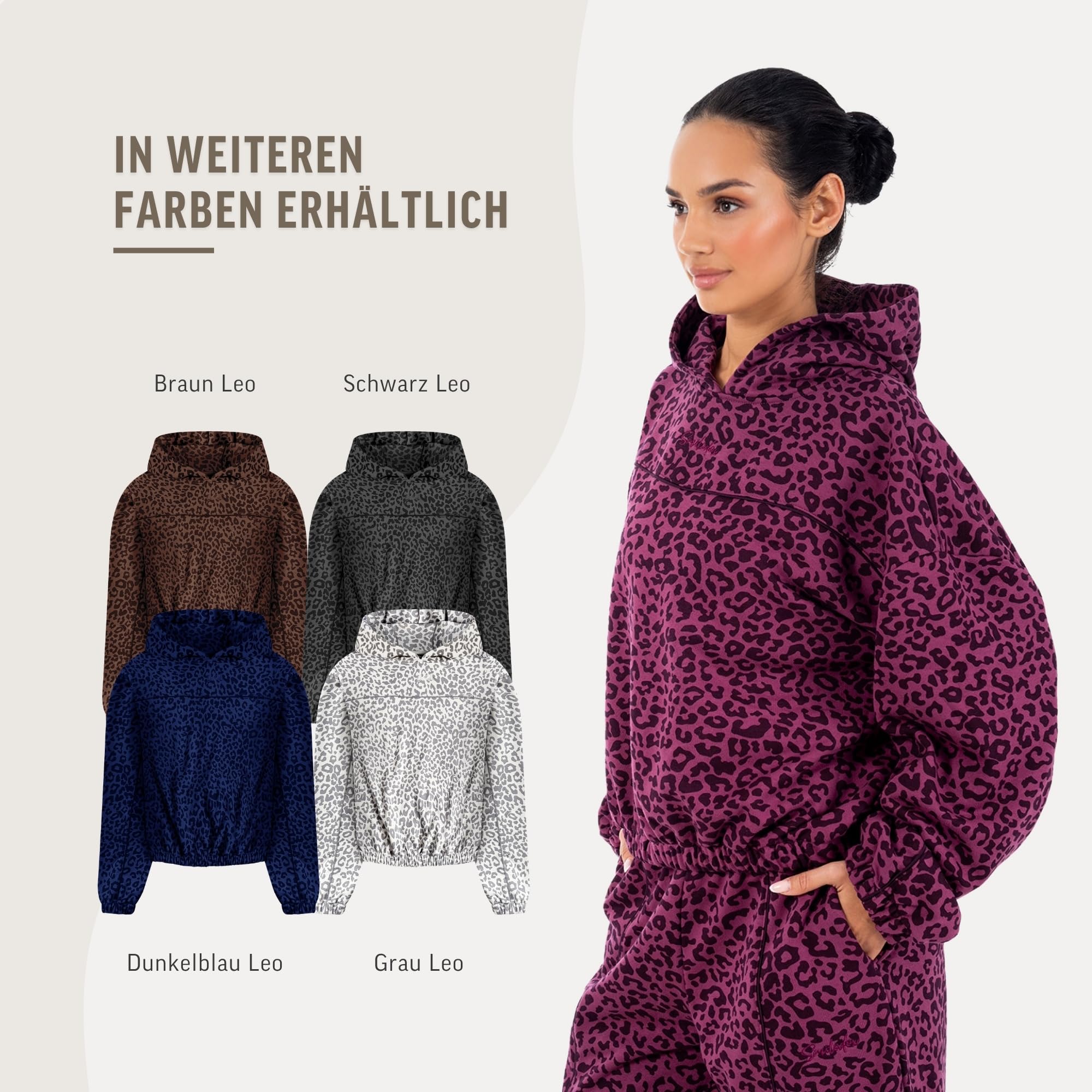 SMILODOX Hoodie Damen Siara, Relaxed Fit Swaeter, Kapuzenpullover mit Leo Print Muster, Verstellbarer Kordelzug, Weiches Sweat-Material, Lässiger Look, Gym Hoodie, Freizeit, Alltag
