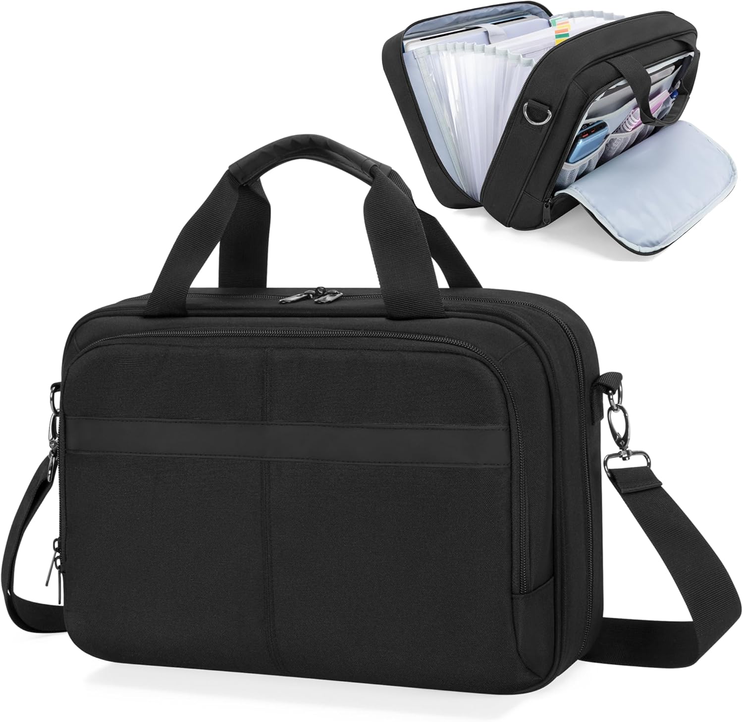 Accordion File Organizer with Lockable Zipper, Expanding File Folder Document Bag for A4 / Letter Size Files, Black (Empty Bag, Patent Design)