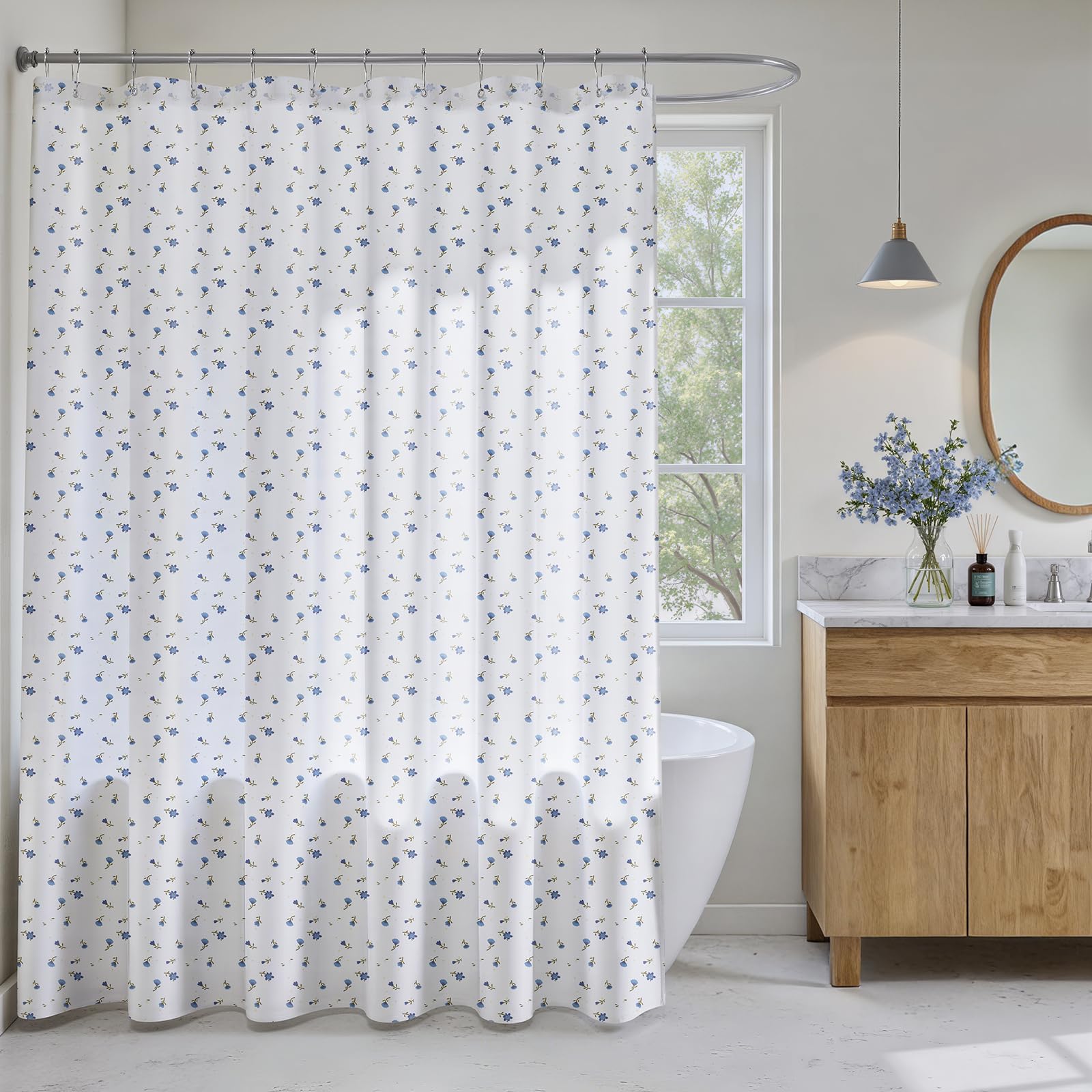 Blue Floral Shower Curtain, Vintage Ditsy Print for Cottagecore Bathroom, 150GSM Heavy Duty Waterproof, 12 Stainless Steel Hooks, Machine Washable, 72x72 Inch