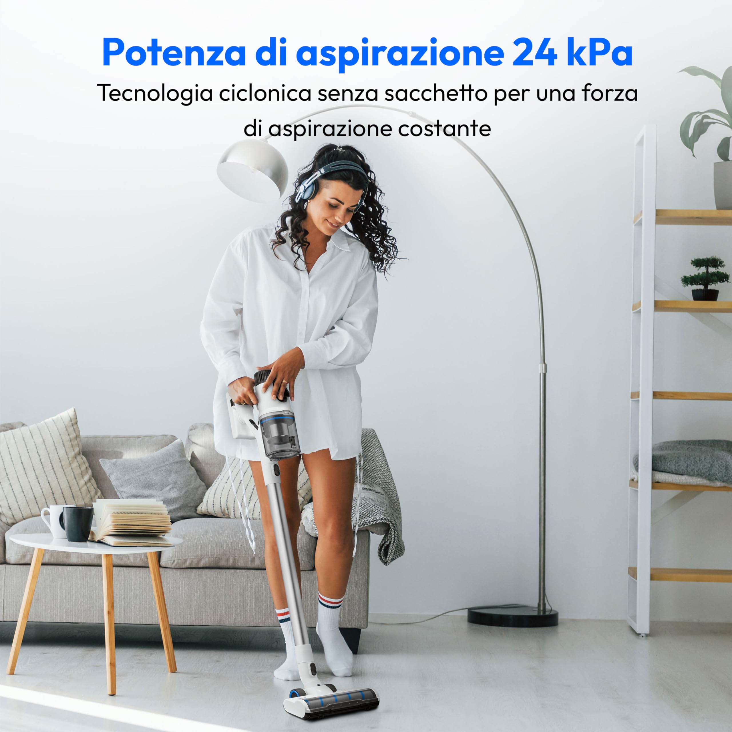 MEDION Aspirapolvere senza fili P350 W, Scopa elettrica senza fili e sacchetto con base di ricarica e potenza massima di 24 kPa e 350 Watt, Aspirapolvere e lavapavimenti 2 in 1