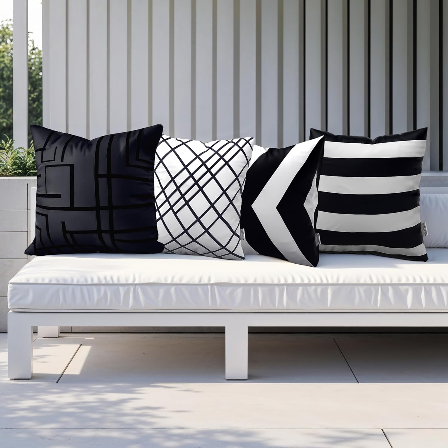 Black and White Outdoor Pillow Covers – Set of 4, Waterproof, Fade-Resistant, UV-Protected Modern Geometric Throw Pillow Covers for Patio, Couch, Sofa, Balcony, and Garden Decor – 18x18 Inch