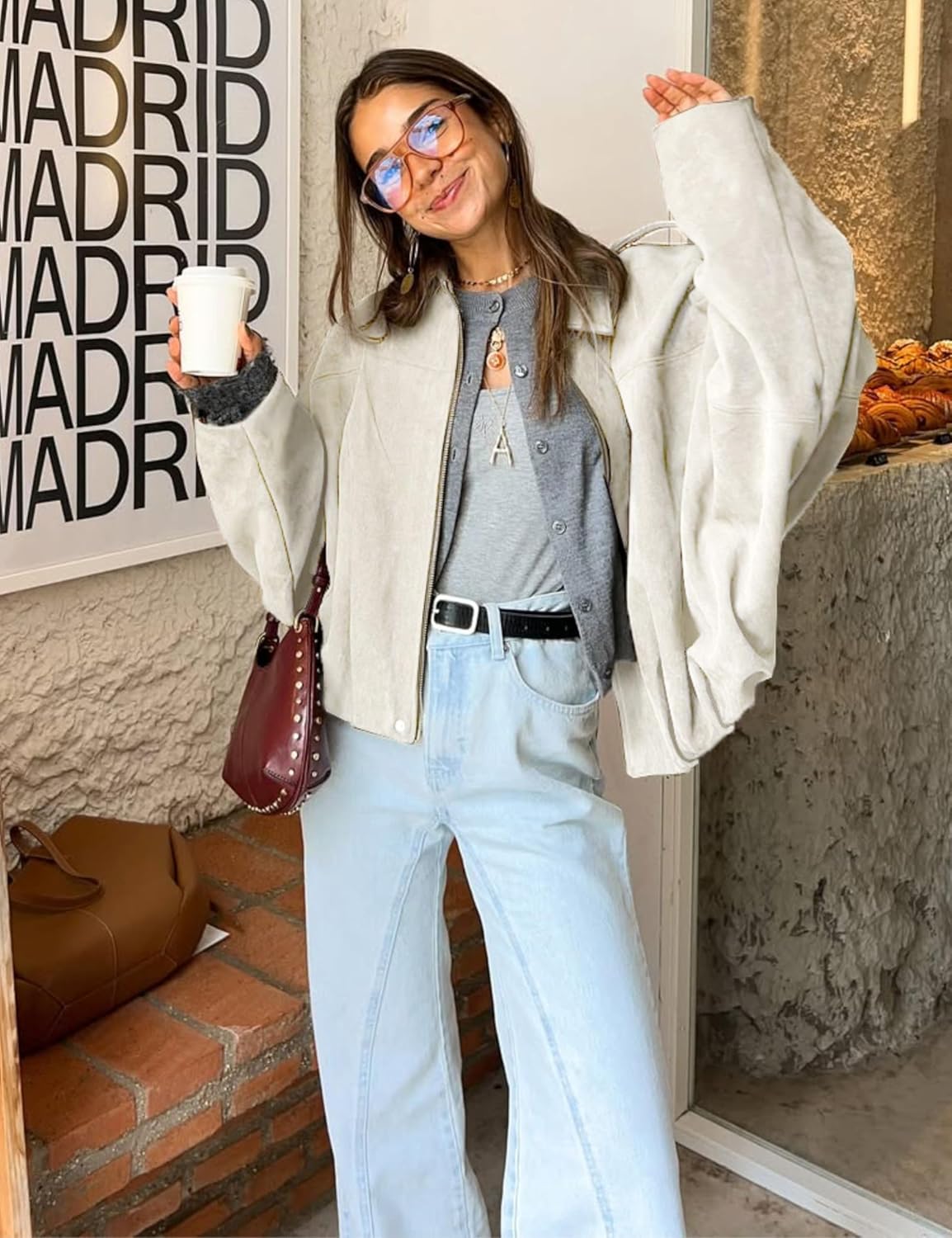 Women's Cropped Faux Suede Bomber Jacket Fall Casual Oversized Shacket Coat Long Sleeve Trendy Outerwear