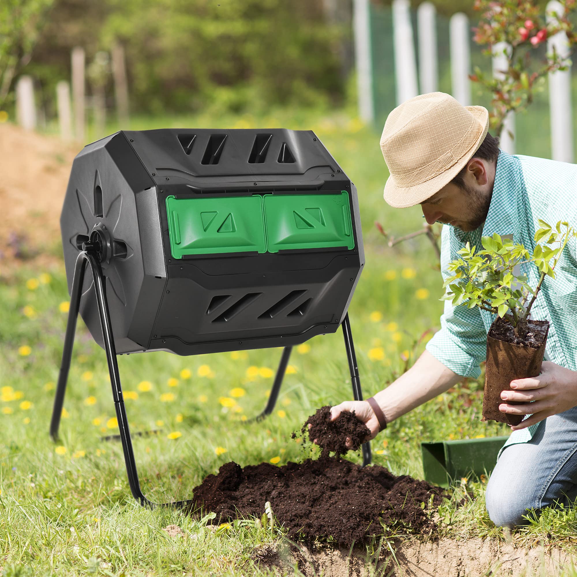 Tumbling Compost Bin Outdoor 360° Dual Chamber Rotating Composter 43 Gallon, Green
