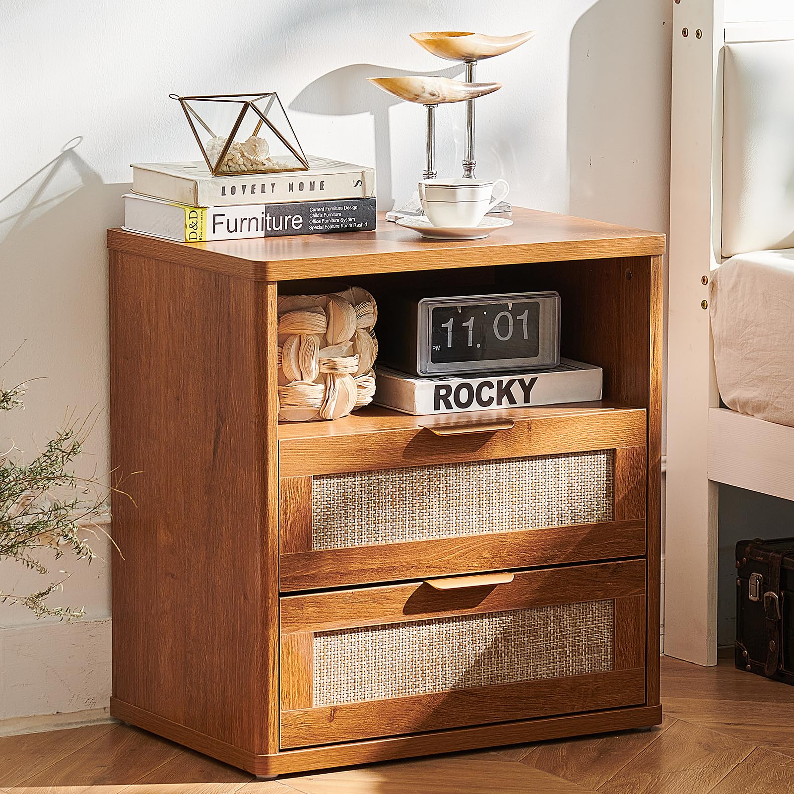 LELELINKY 23" Wide Rattan Nightstands, Boho Night Stand with 2 Drawers, Natural Wood Bedside Table Open Shlef, Bed Side End Table Dresser for Bedroom, Living Room Hallway Brown