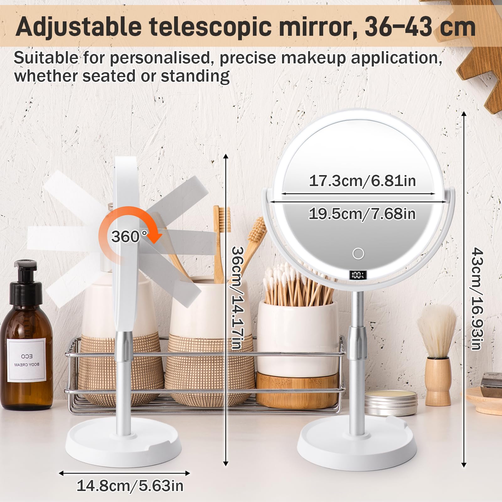 Miroir Grossissant Lumineux 10X/1X,Mirroir Maquilleur Lumineux,Miroir Maquillage LED Rechargeable avec 3 Couleurs éclairage,Rotation 360° pour Maquillage,Soin du Visag