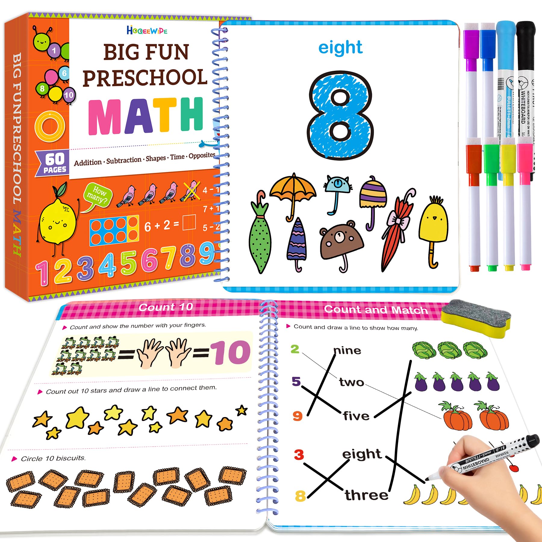 HOQEEWIPE Preschool Learning Activities Math Workbook - Reusable 60 Pages Tracing Books for Kids Ages 3-5, Number, Addition & Subtraction | Fine Motor