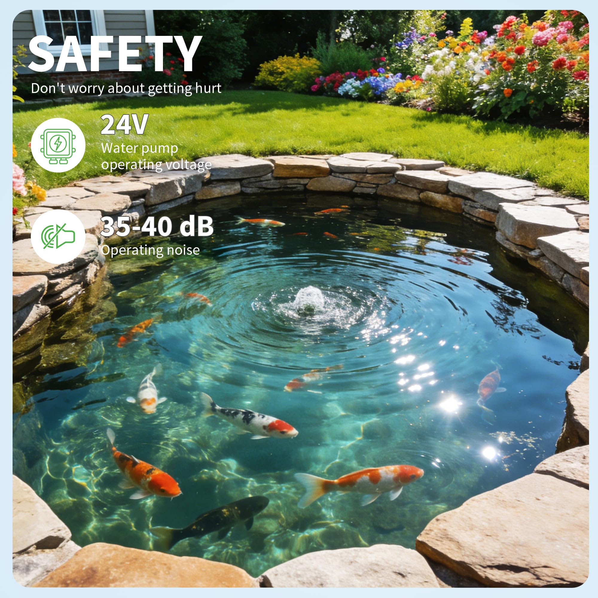 POPOSOAP DC-Teichpumpe 4600 L/h, 24V Niederspannung Tauchpumpe mit AC/DC-Wandler, Geräuscharm, 4 Schlauchadapter für Gartenteiche, Aquarien, Brunnen und Wasserspielereien