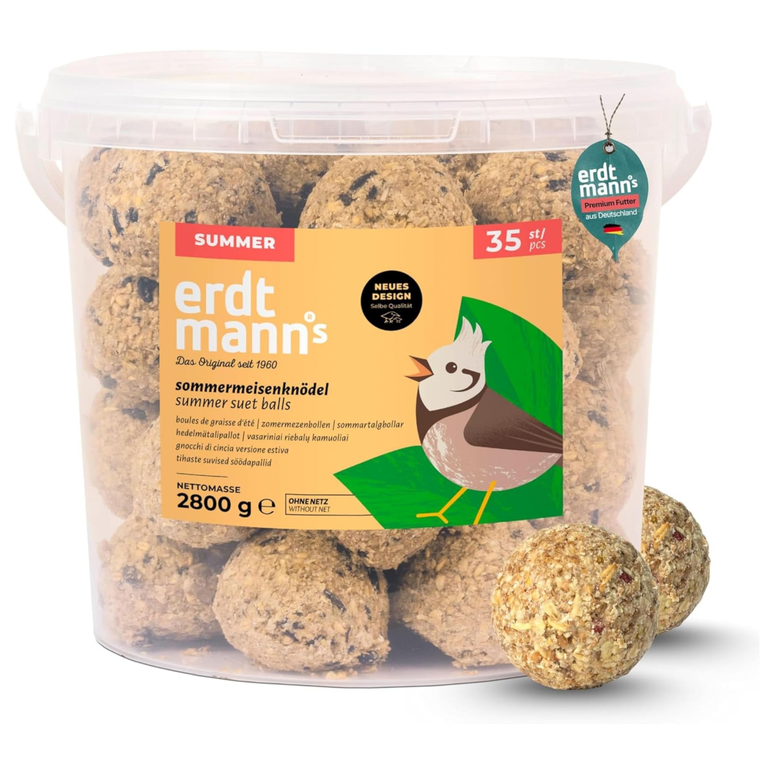 Erdtmanns Sommer-Meisenknödel ohne Netz im Eimer 3 kg – nachhaltige Vogelfütterung mit Fruchtpellets & Getreideflocken – leichte Nahrungsaufnahme – ideal für Sommerfütterung