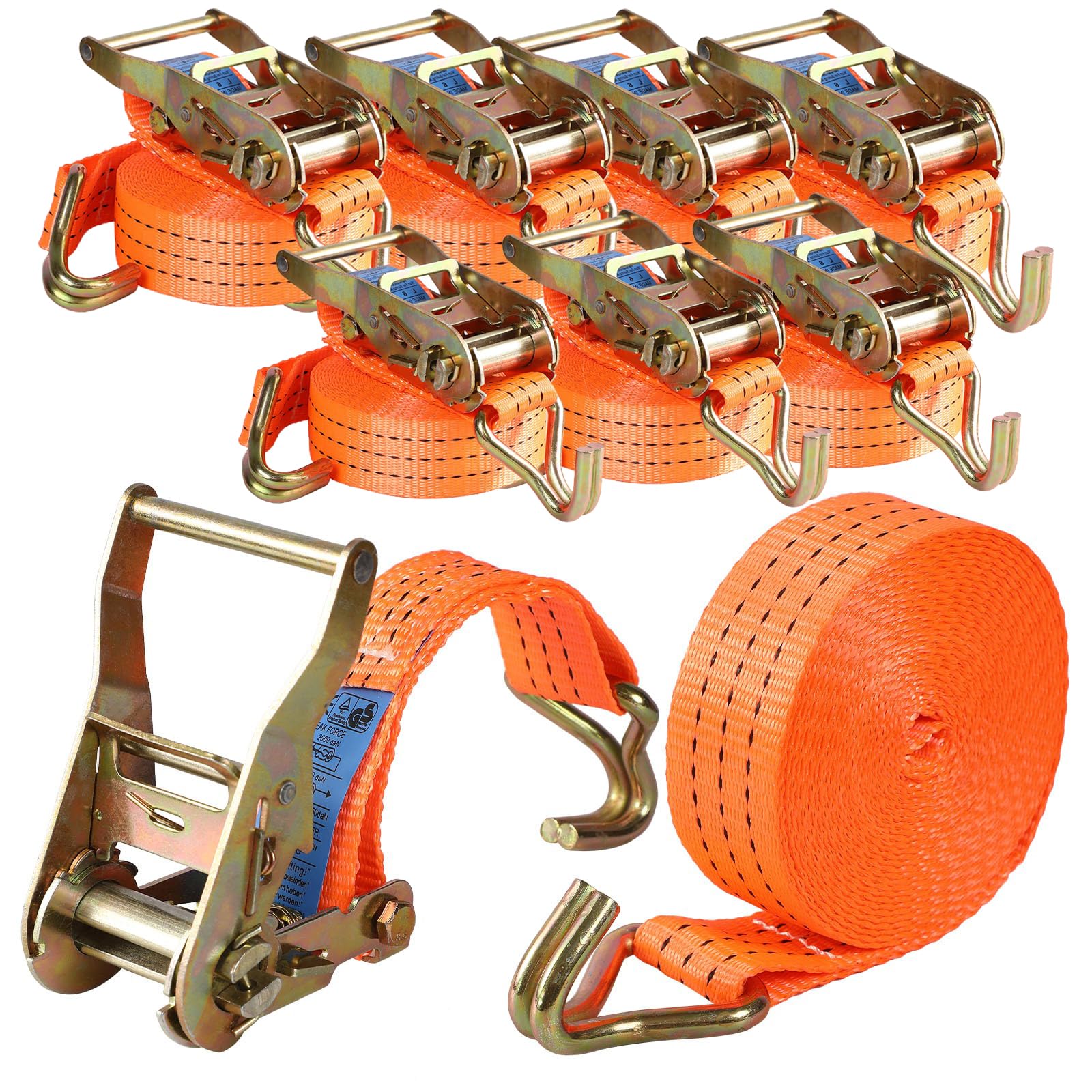 8 x Spanngurte mit Haken Ratsche in 6m 2T(2000 daN, KG) Zweiteilig 38 mm Ratschengurt Zurrgurte für Ladungssicherung TÜV/GS Zertifiziert(Orange)