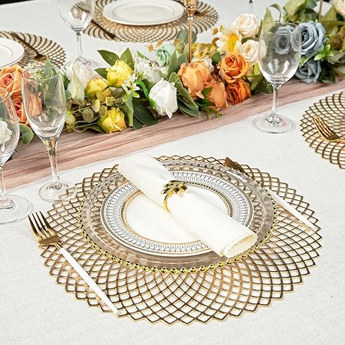Miniatura 6 de Juego de 6 manteles individuales redondos dorados metálicos, manteles individuales de vinilo, lavables, lavables, huecos, para mesas de cocina,