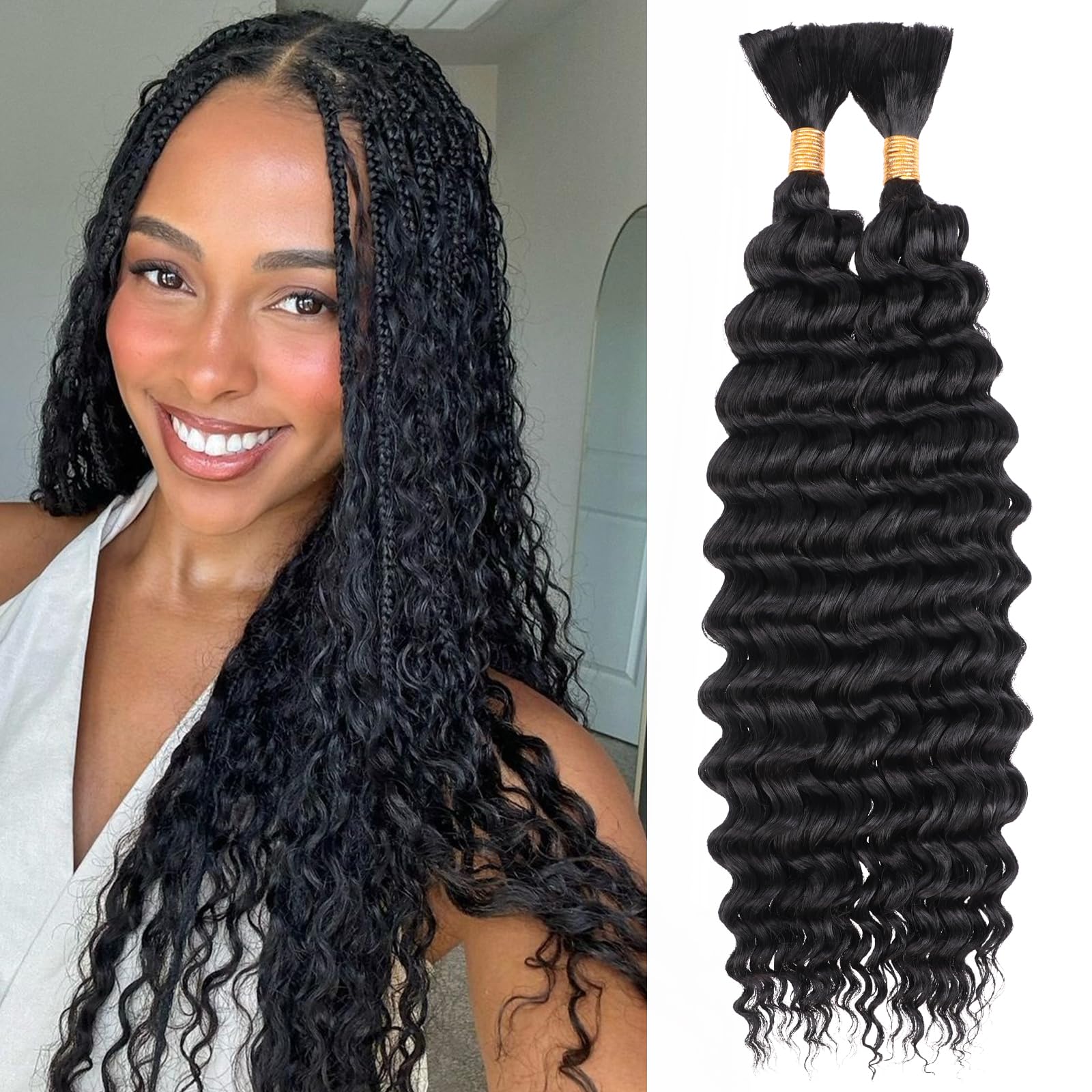 Photo 1 of Leeven Braiding Hair for Boho Braids 18 Inch 2 Bundles Natural Black Water Wave Bulk Synthetic Hair No Weft Long Wet and Wavy Hair Bundle for Women #1B