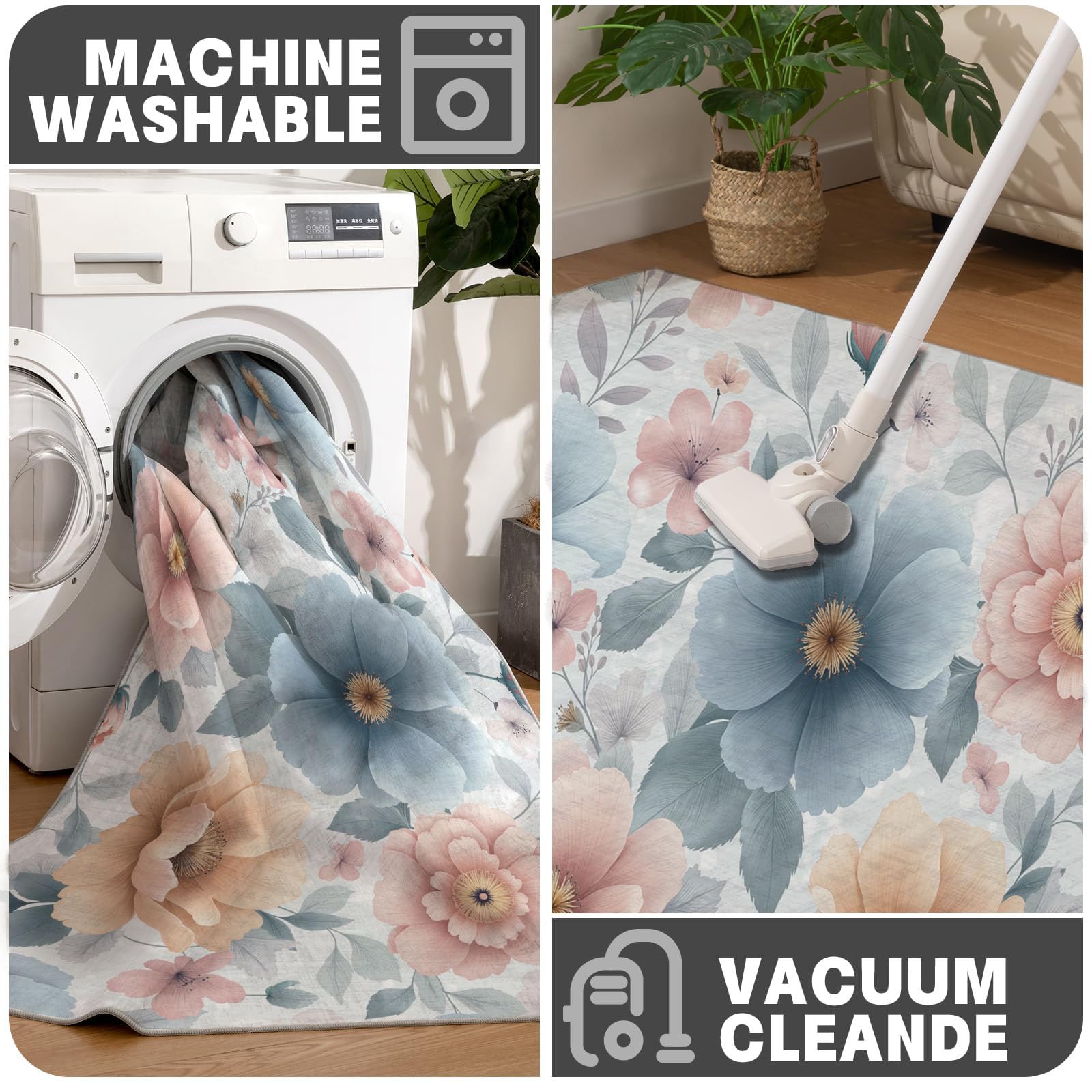 Tapis Entree Interieur Fleurs De Campagne Rurales 80x120cm Lavable en Machine, paillasson AntidéRapant Poil Ras, Aquarelle Coquelicot pour Chambre Salle a Manger Cuisine, Bleu Rose
