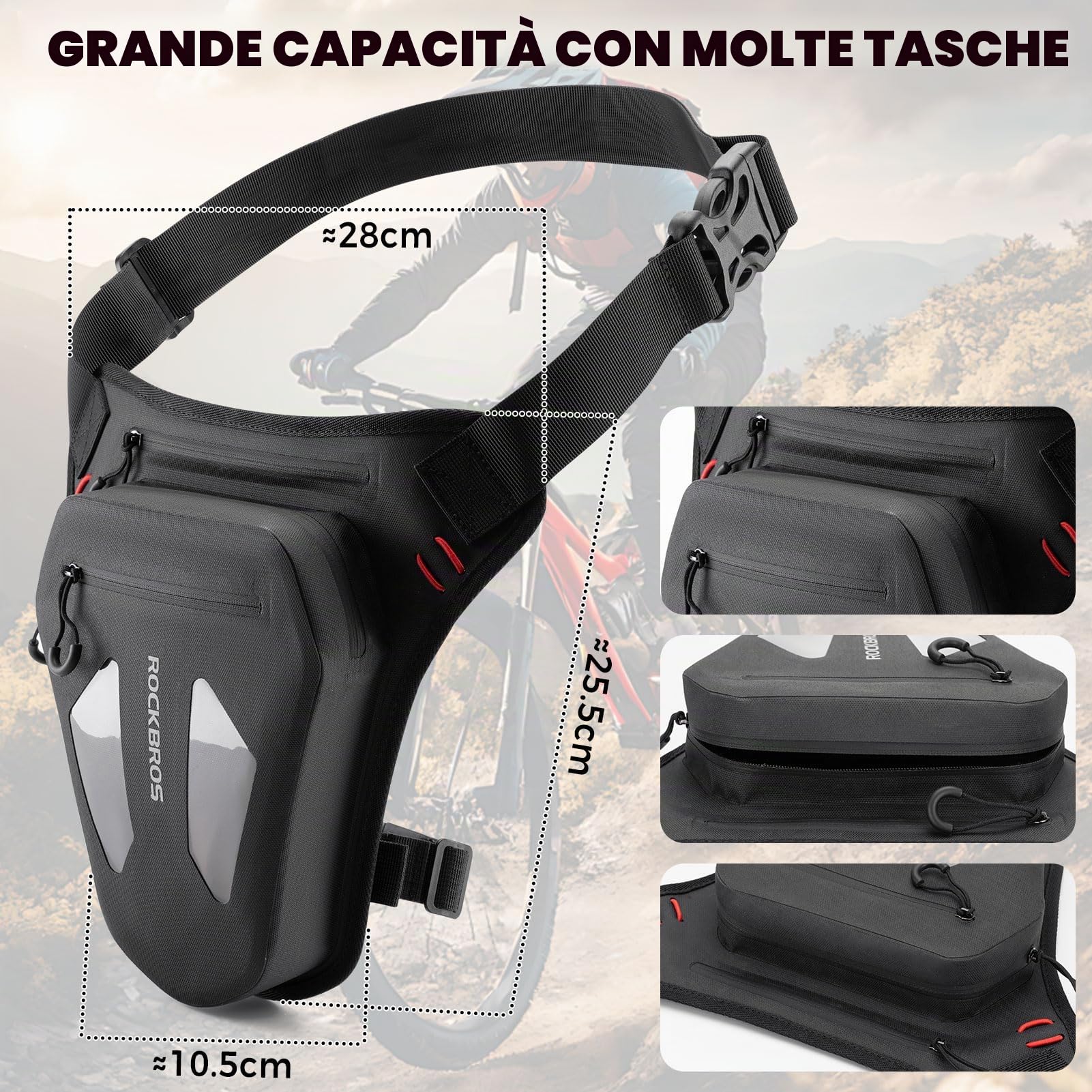 ROCKBROS Marsupio da Gamba Moto 1L, Marsupio Cosciale Traspirante | con Cinghia Regolabile e Rimovibile, Multi-Tasche Espandibile, Riflettente, Borsa Gamba Moto per Motociclismo Ciclismo