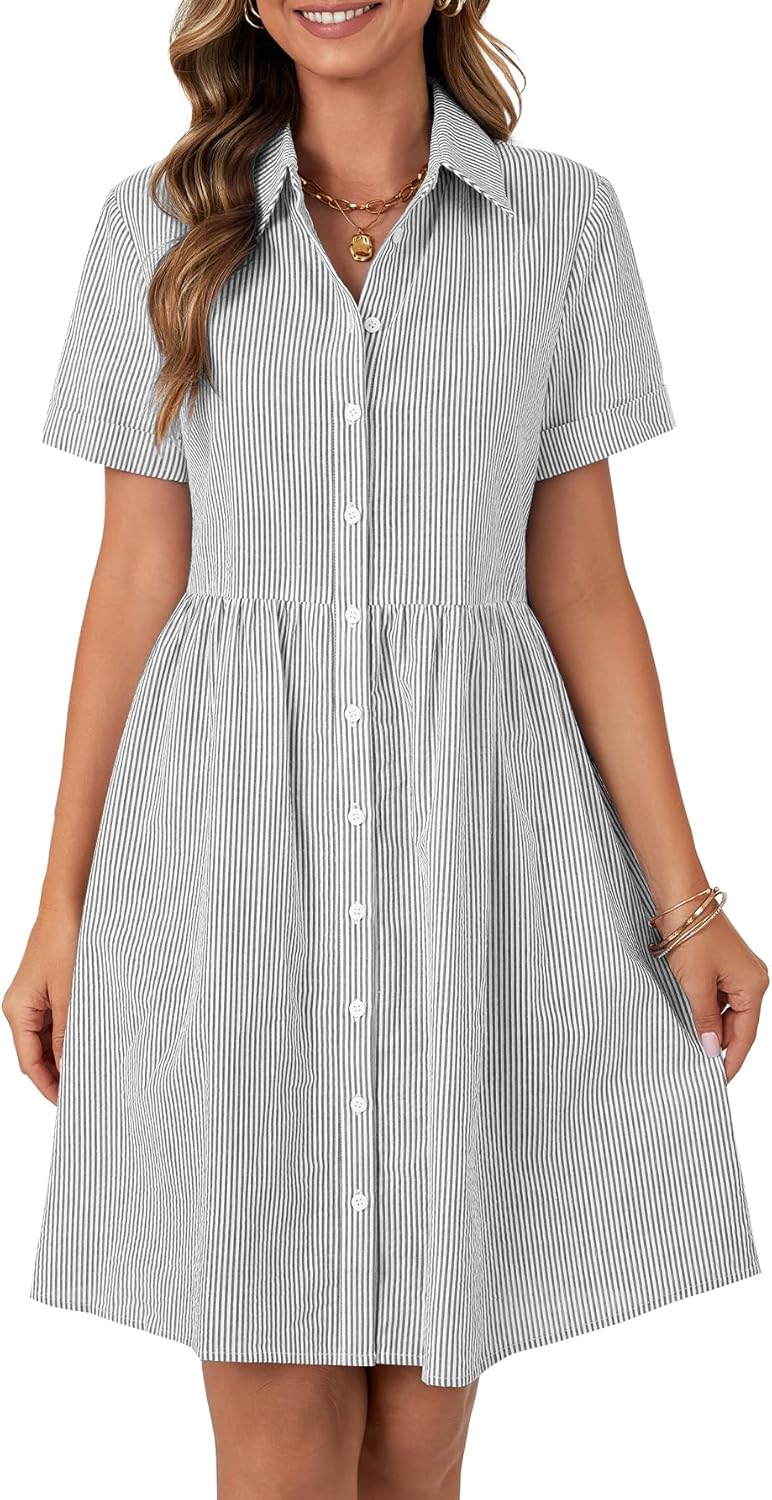 Rooscier Women's Striped Shirt Dress Button Down Collared Short Sleeve Mini Dress