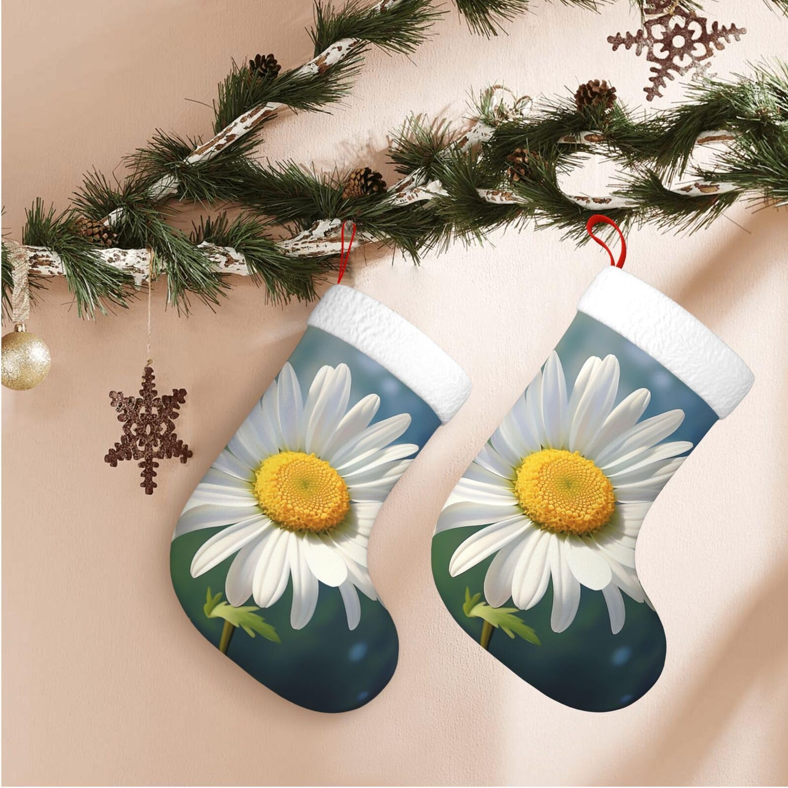 Daisy Flower Christmas Stockings Velvet Xmas Fireplace Hanging Stocking with Plush Cuff Rustic Christmas Santa Stockings for Home Christmas Decorations Party Favor Supplies