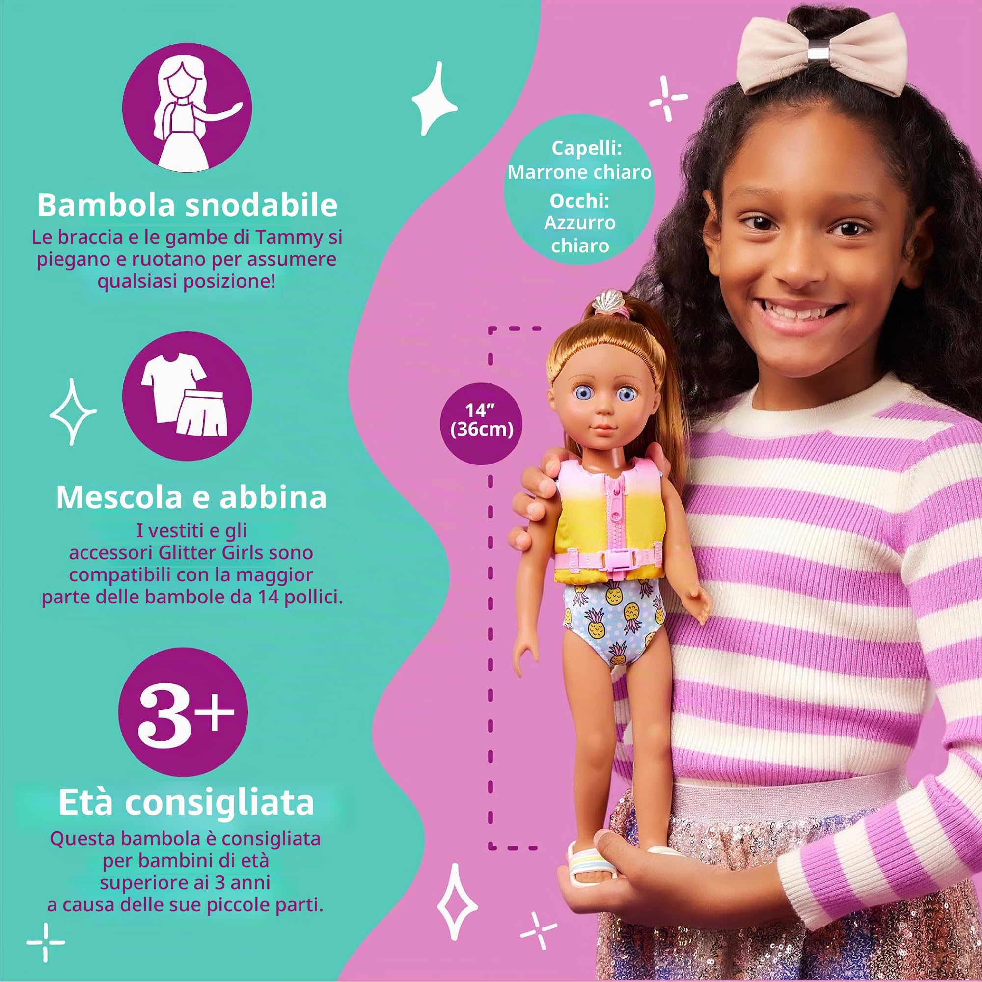 Glitter Girls, bambola posabile Tammy con tavola da paddle, 36 cm