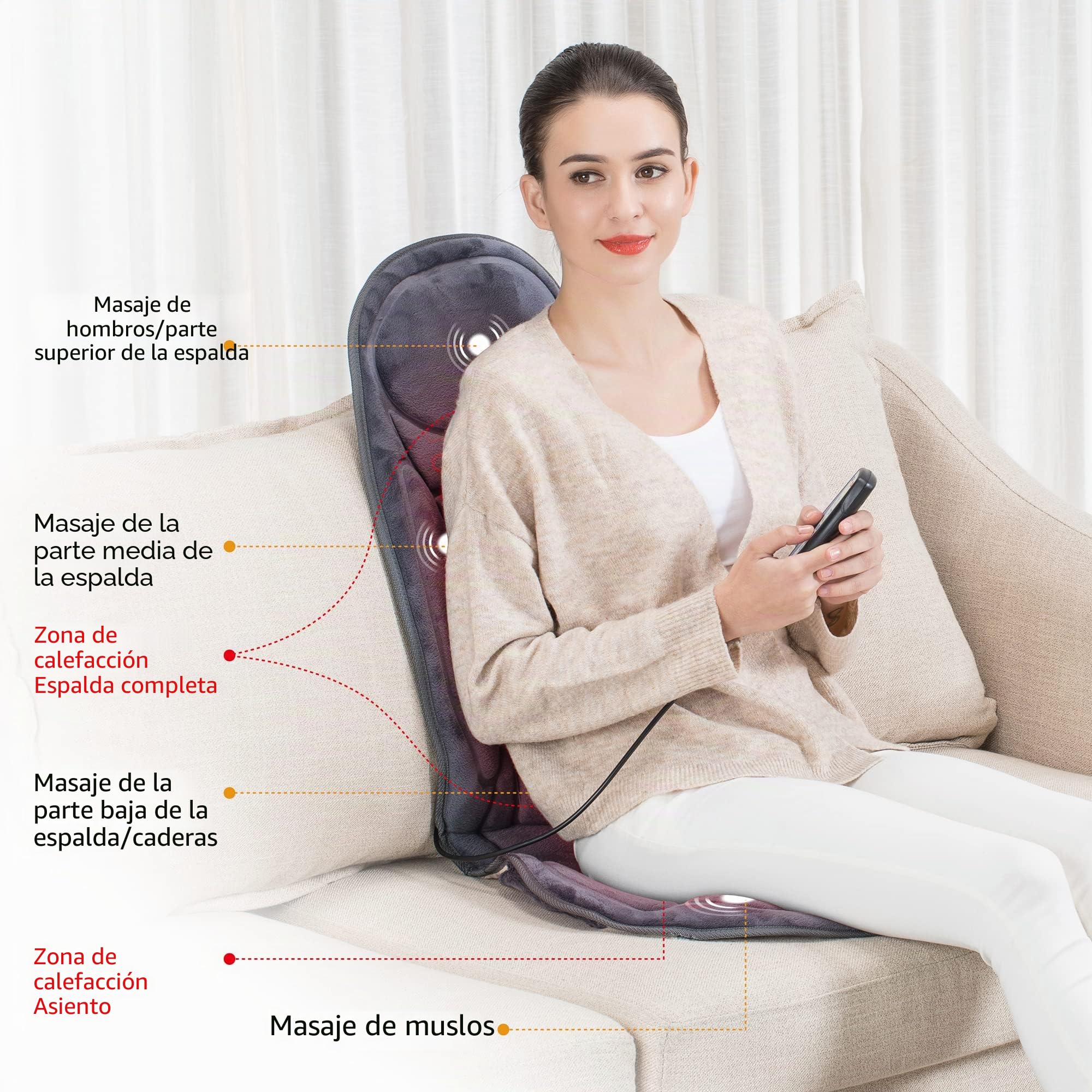 SNAILAX Cojín de masaje de espalda con vibración con calor, 6 motores vibratorios y 2 niveles de calor, asiento de masaje, cojín de silla de masaje para espalda, regalos para mujeres, hombres