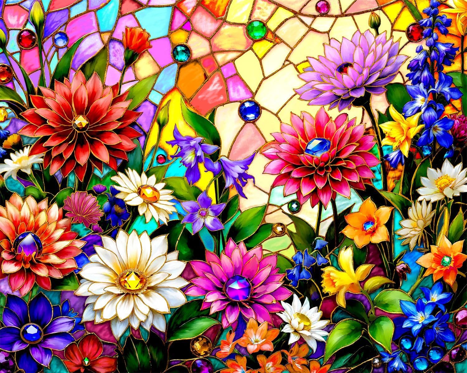 Springbok Summer Flower Garden 1000 Piece Jigsaw Puzzle for Adults - Stained Glass Floral - Unique Cut Pieces - Made in USA