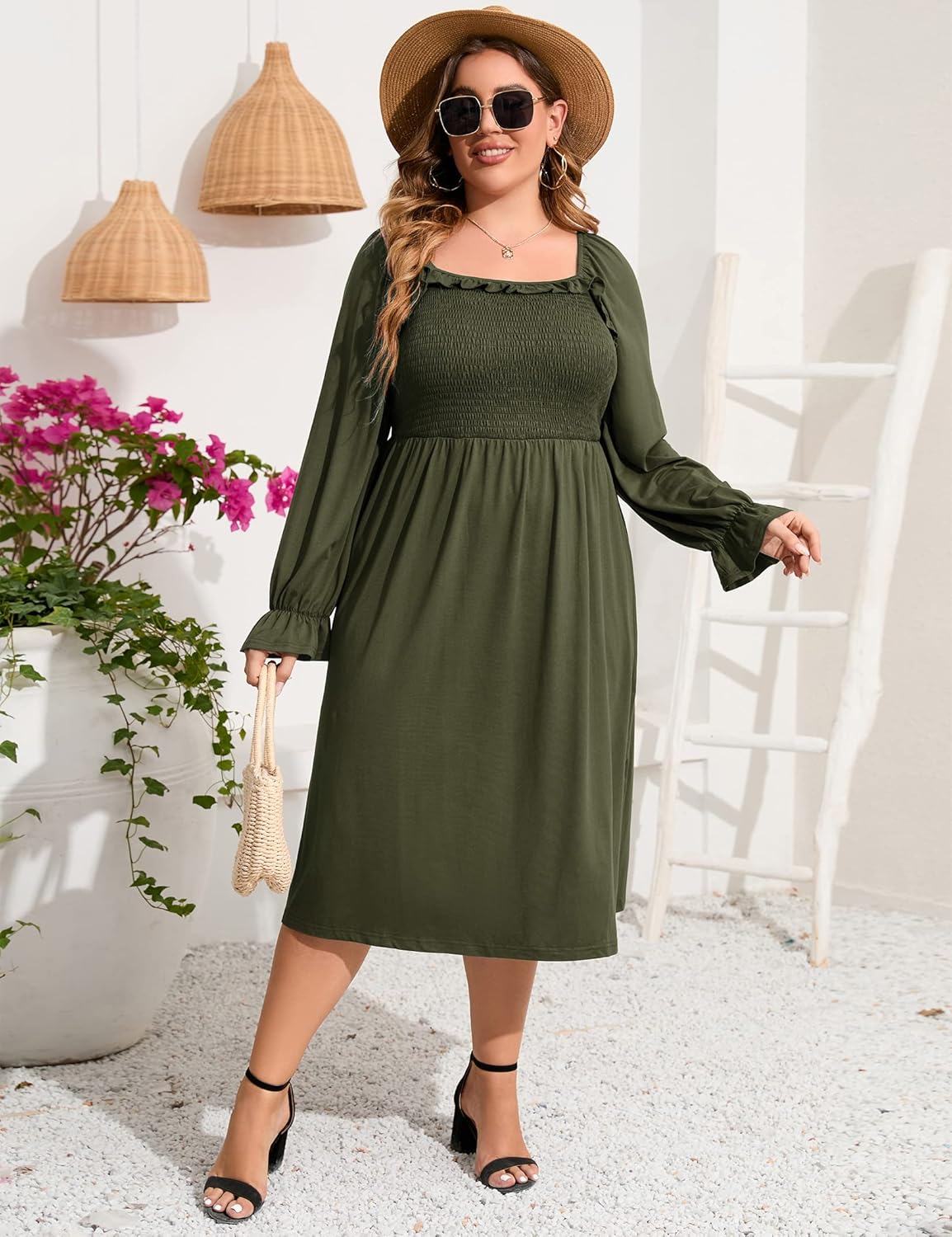 KOJOOIN Women's Plus Size Ruffle Long Sleeve Dress Square Neck High Waist Smocked Tunic Maxi Dress Maternity Dress Dark Green 3XL