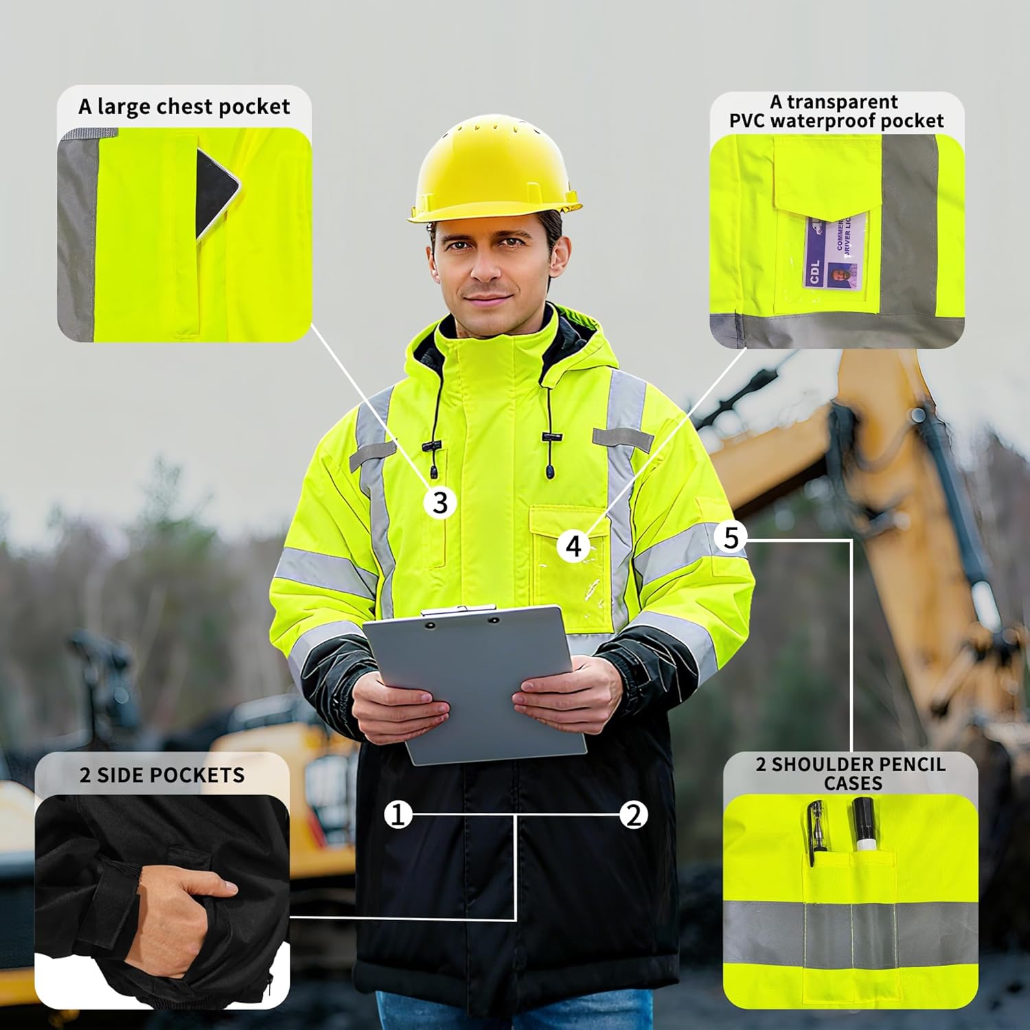 FATONE Hi Vis Winter Jackets for Men Reflective, Class 3 Safety Coat Waterproof Construction Insulated Parka Cold Weather