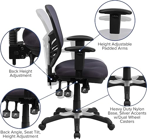 Miniatura 4 de Flash Furniture Nicholas Silla Giratoria de Respaldo Medio para Oficina y Juegos, Silla de Oficina Ergonómica de Malla con Soporte Lumbar y Altura