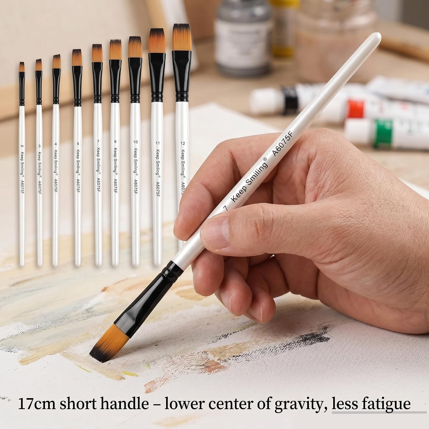 12PC Artist Paint Brushes Set - Stiff Nylon Flat Bristles for Acrylic, Face/Body & Rock Painting | Short Handle Watercolor Oil Gouache Craft Kits