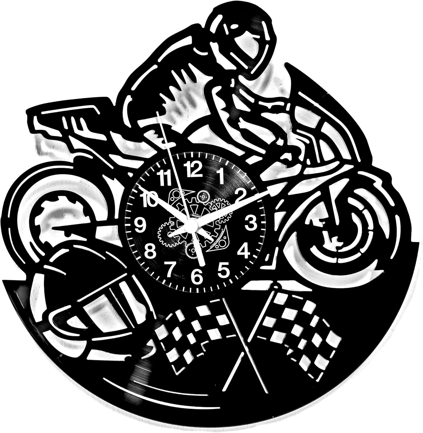 Wall Clock Motorcycling Road Bike Motorcycle Gift Idea Sporty Design with Checked Flags Decorative Black Vinyl