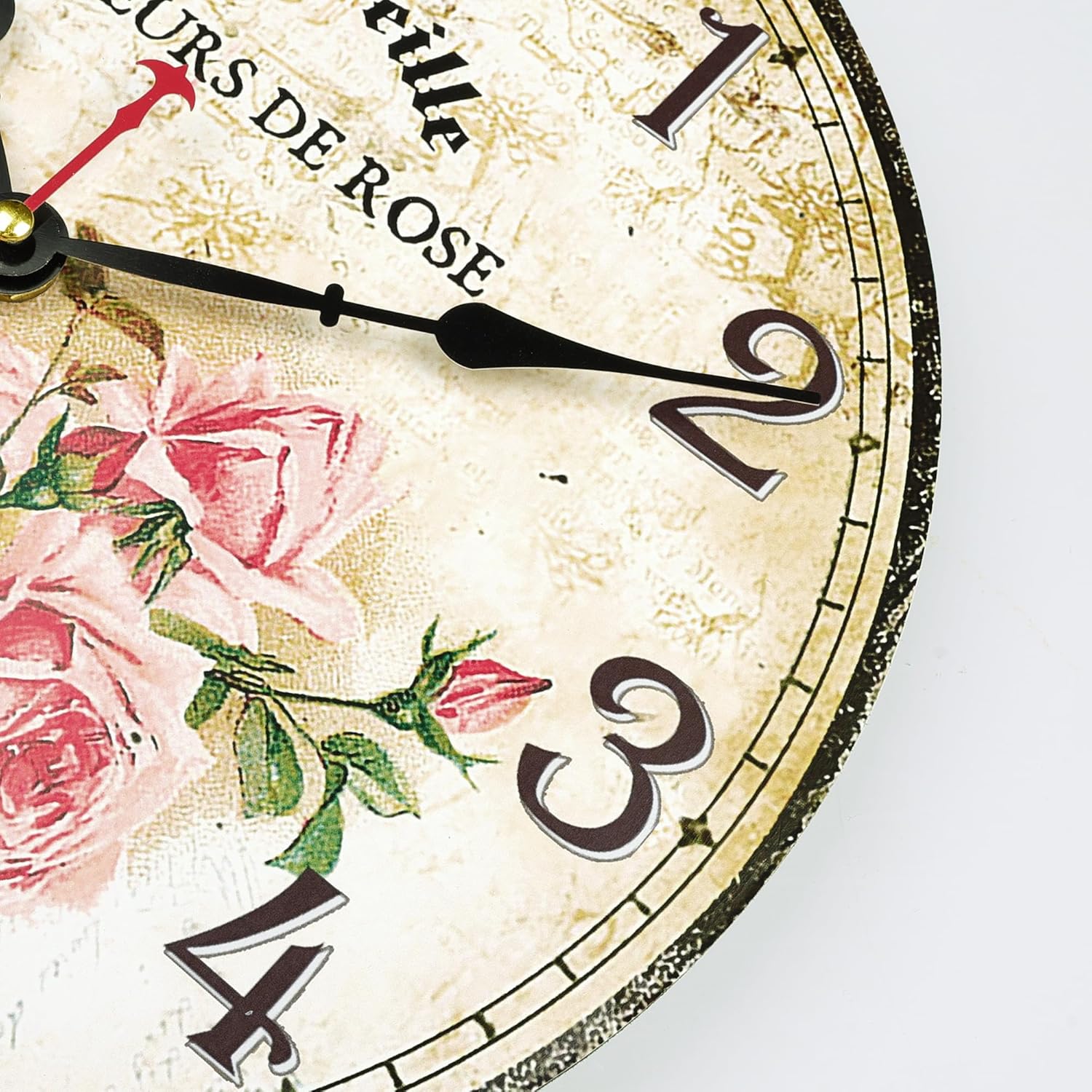 Lafocuse 12 Inch Silent Wooden Rustic Pink Rose Wall Clocks for Living Room Decor, Vintage French Floral Wall Clocks Battery Operated for Kitchen Bedroom