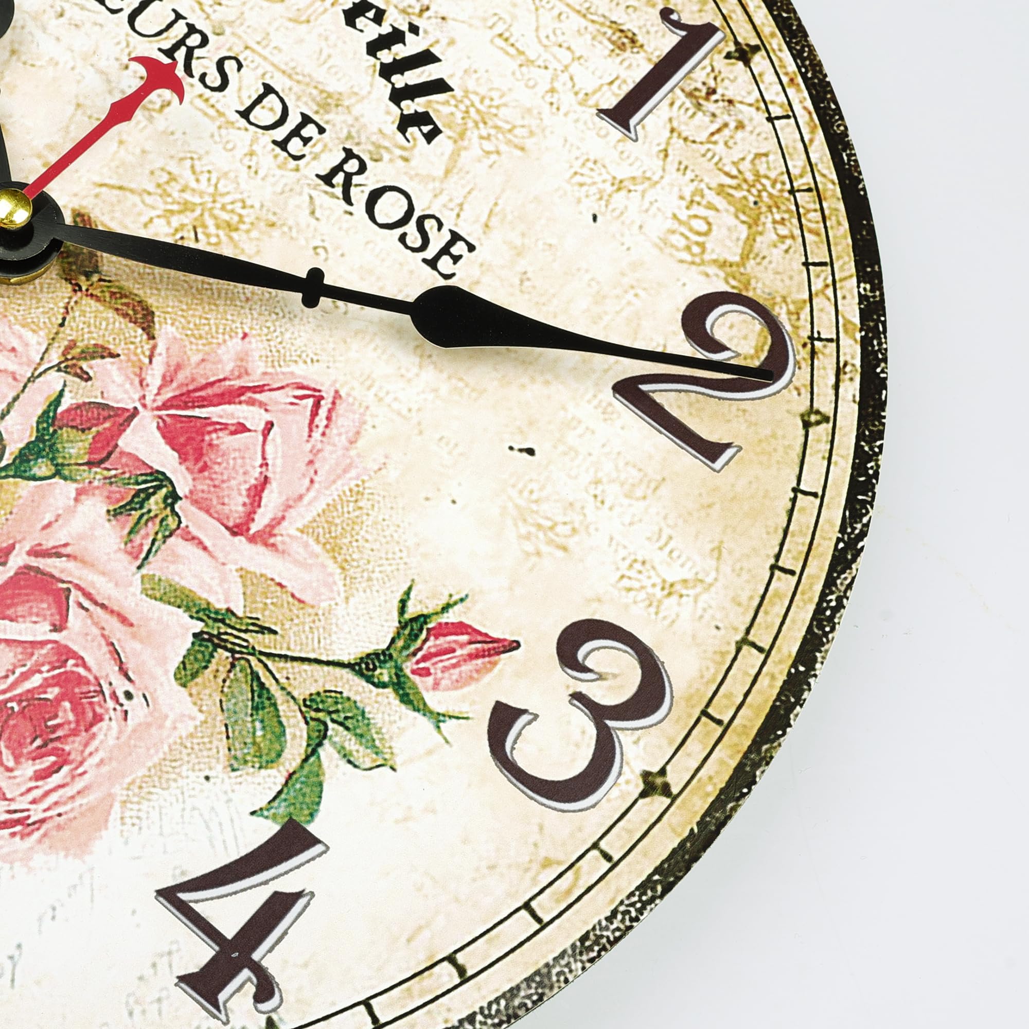 Lafocuse Cichy nietykający drewniany zegar ścienny z różowymi kwiatami róży, zasilany bateriami, vintage, shabby chic, rustykalny dom wiejski, zegary kuchenne, dekoracja ścienna, do salonu, sypialni