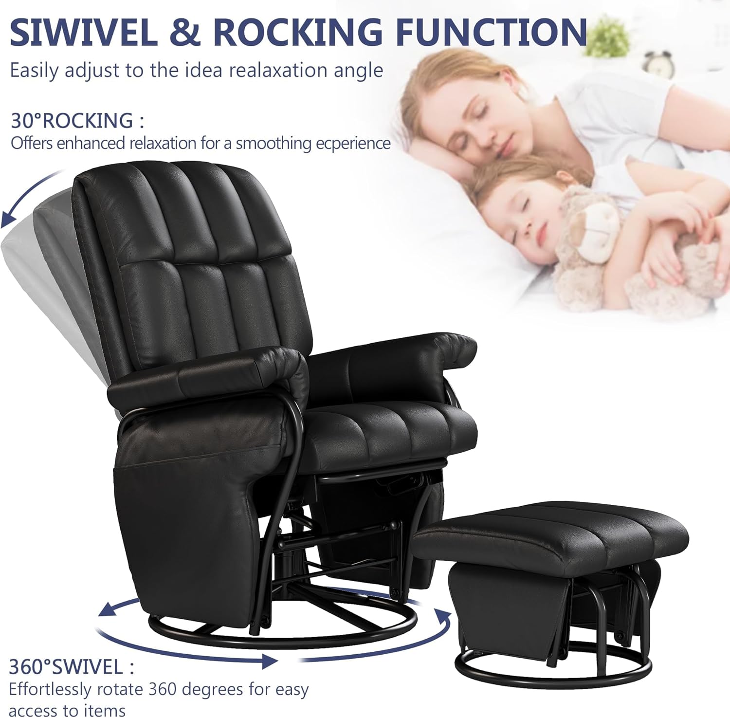 AODAILIHB 360° Swivel Glider Recliner with Ottoman, Nursing Glider Rocking Chair with Foot Rest & 2 Side Pockets for Nursery, Living Room, Bedroom, Office, Black