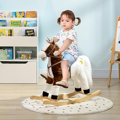 Vista 2 de Qaba Rocking Horse with Sound, Ride on Horse with Saddle, Toddler Rocker, Gift for 3-8 Year Old, Brown Marrón