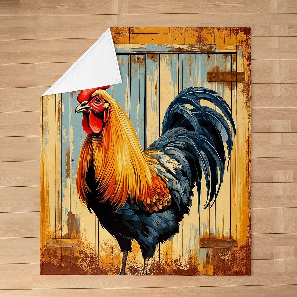 Rustic Chicken Fleece Blanket,Pastoral Style Farmhouse Animal Rooster Bed Blanket for Kids Teens,Retro Brown Wooden Barn Door Flannel Blanket for Room Decor,Queen 90"x90"