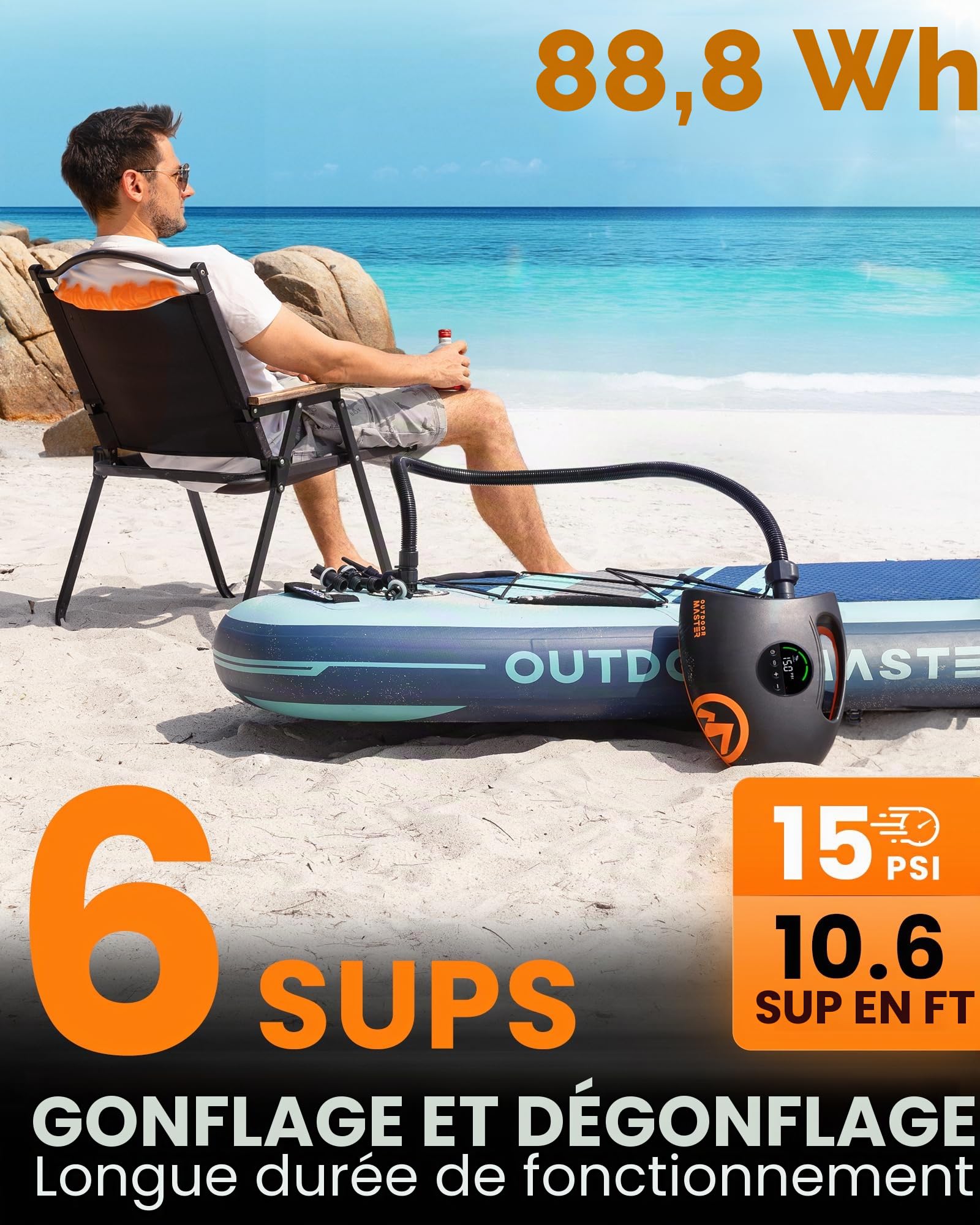 OutdoorMaster Shark 2S Pompe à air électrique rechargeable haute pression 88,8 Wh 20 PSI – Arrêt automatique et dégonflage, entrée 12 V CC et type C, pour planches à pagaie gonflables, bateaux