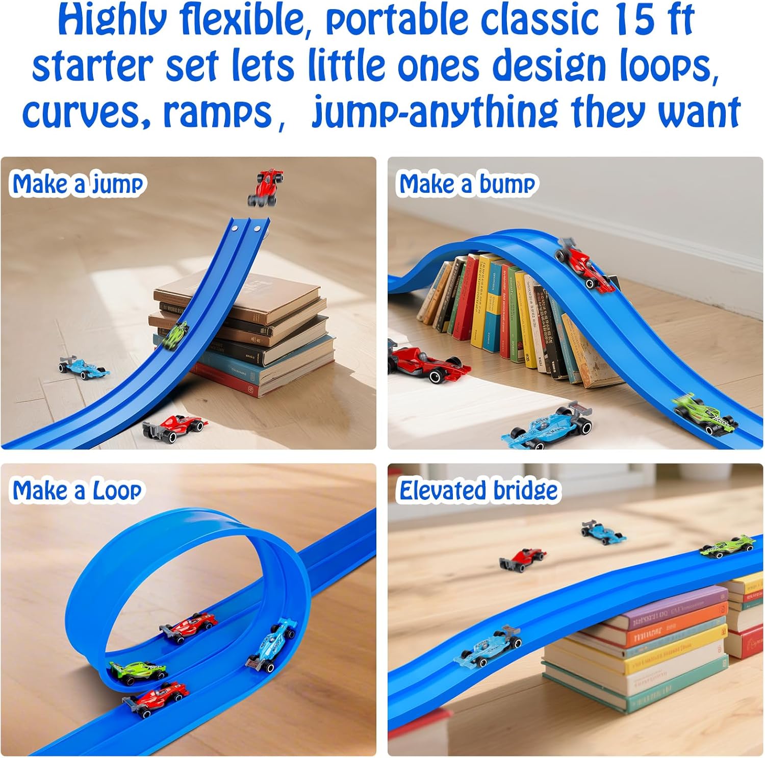 Flex Track 15 Ft Starter Set,Double-Sided Racetrack for 1:64 Diecast Cars Toys for Kids Blue Long Rolls Up Portable Racetrack with 4 Cars & 8 Suction Cups