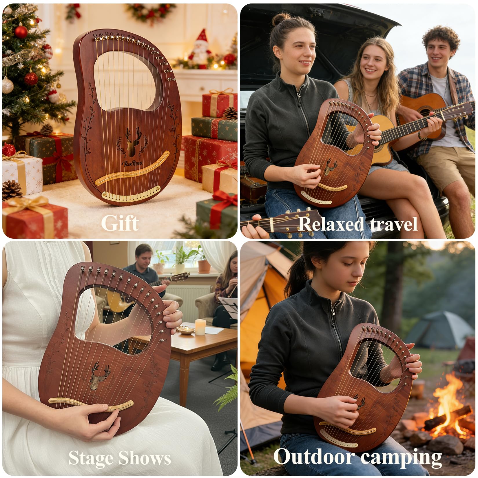 Lyre Harp Kit, Arpa in Mogano 16 Corde, Strumenti Musicali a Corda con Chiave, Istruzioni per L'Uso (Lingua Italiana Non Garantita) per Principianti e Adulti