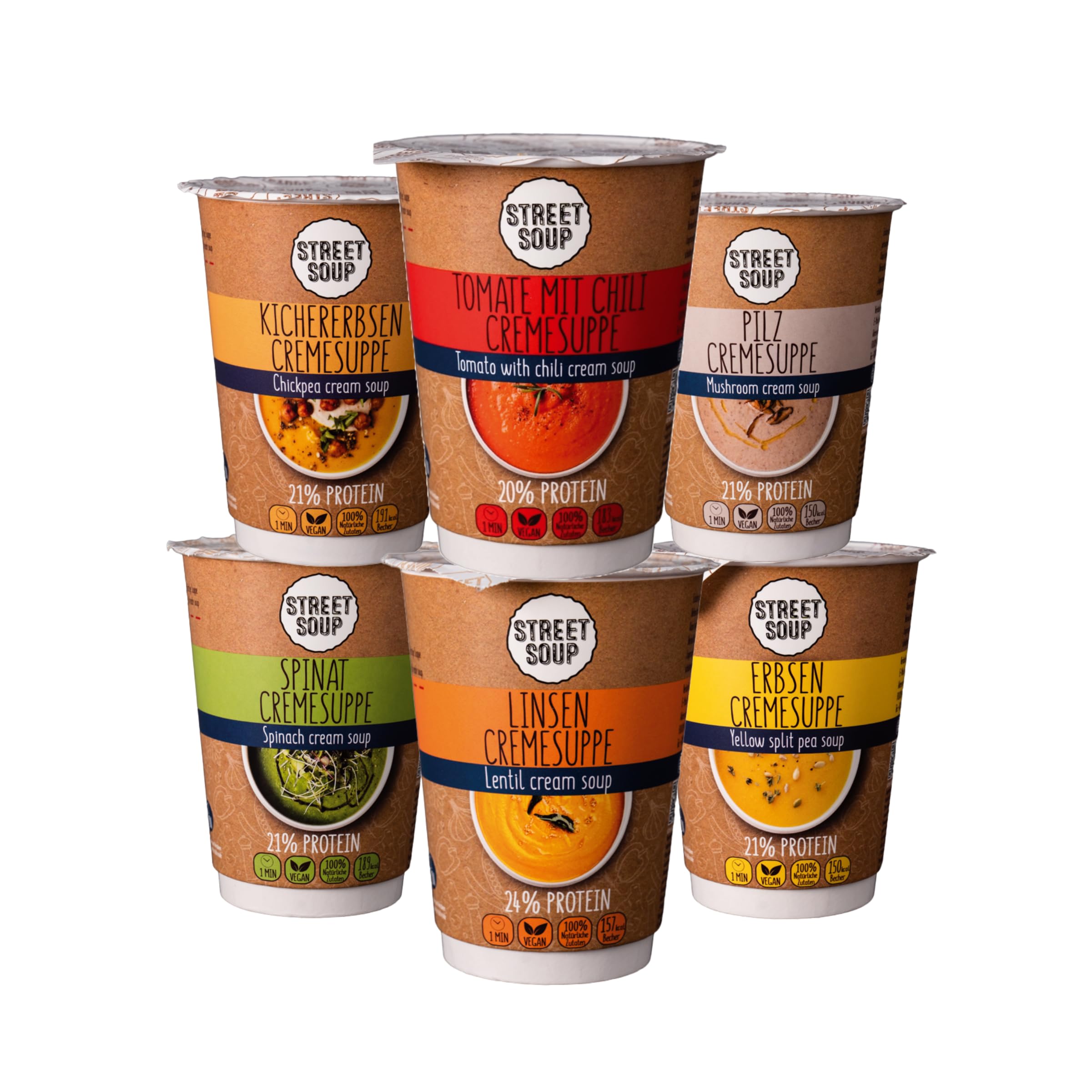 STREET SOUP Suppenkur 5 Tage, 30 vegane Cremesuppen zum Abnehmen & Detox, 100% natürlich, Low Carb & 20% Protein, 6 leckere Sorten im Paket (30 x 50 g, für je 300 ml Suppe)